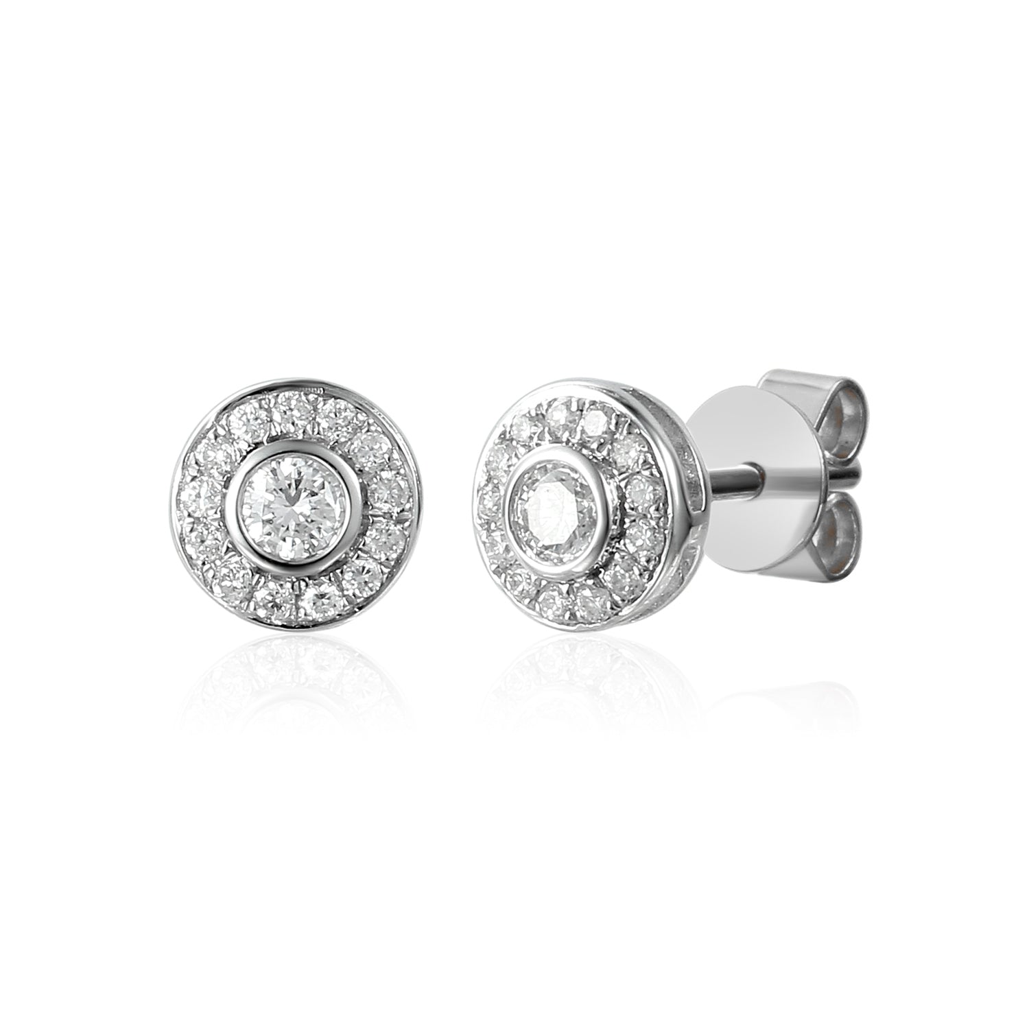 18k White Gold Diamond Circle Halo Stud Earrings - The Real Gem