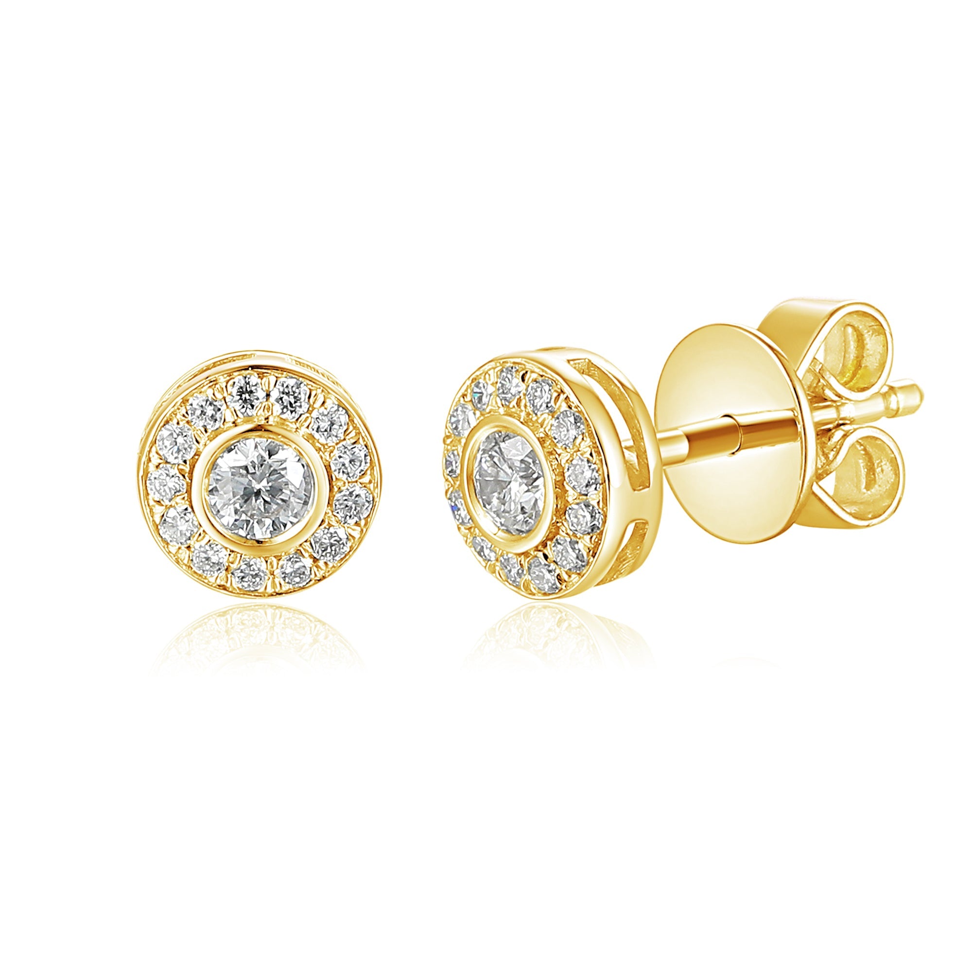 18k Yellow Gold Diamond Circle Halo Stud Earrings - The Real Gem