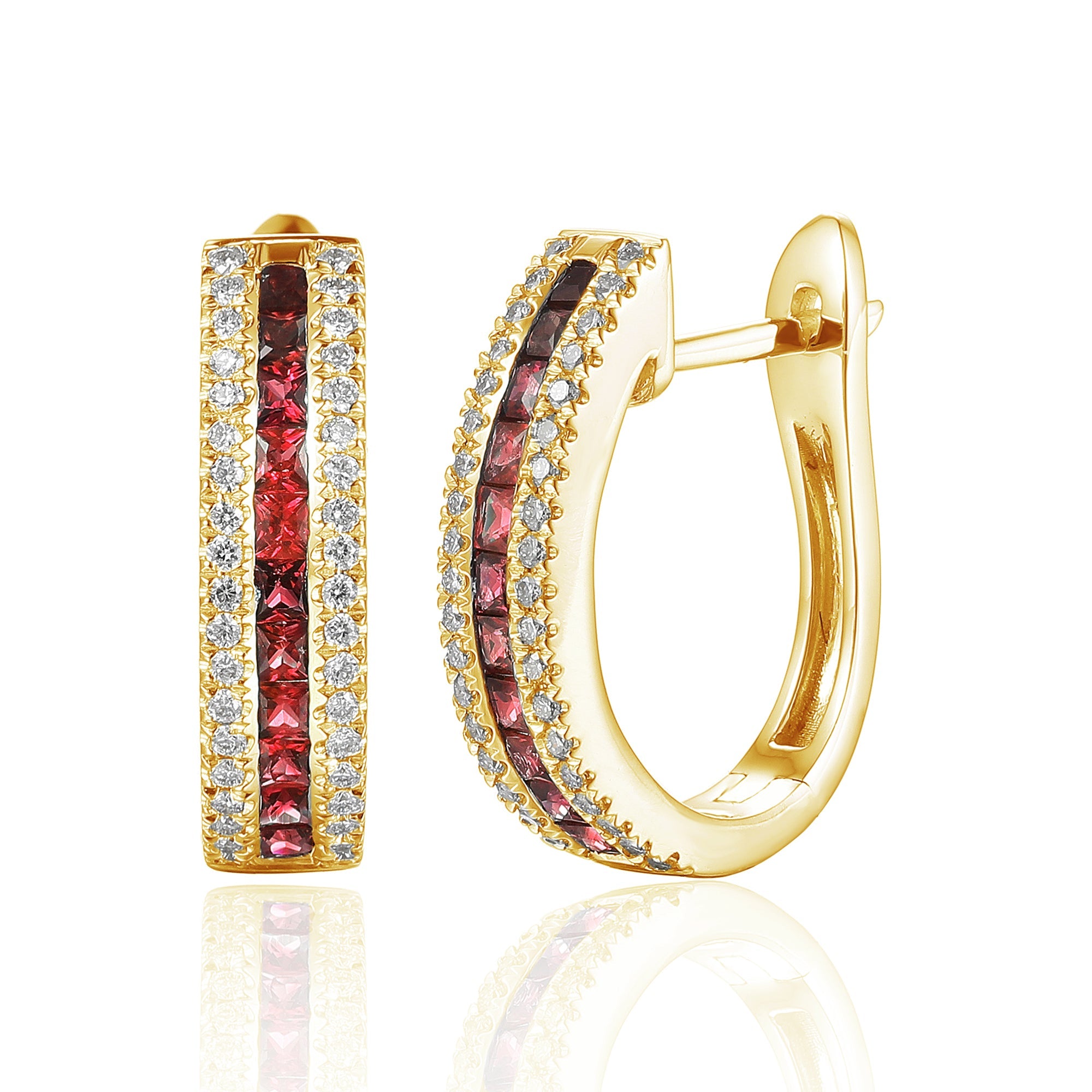 18k Yellow Gold Princess Cut Ruby & Diamond Hoop Earrings - The Real Gem