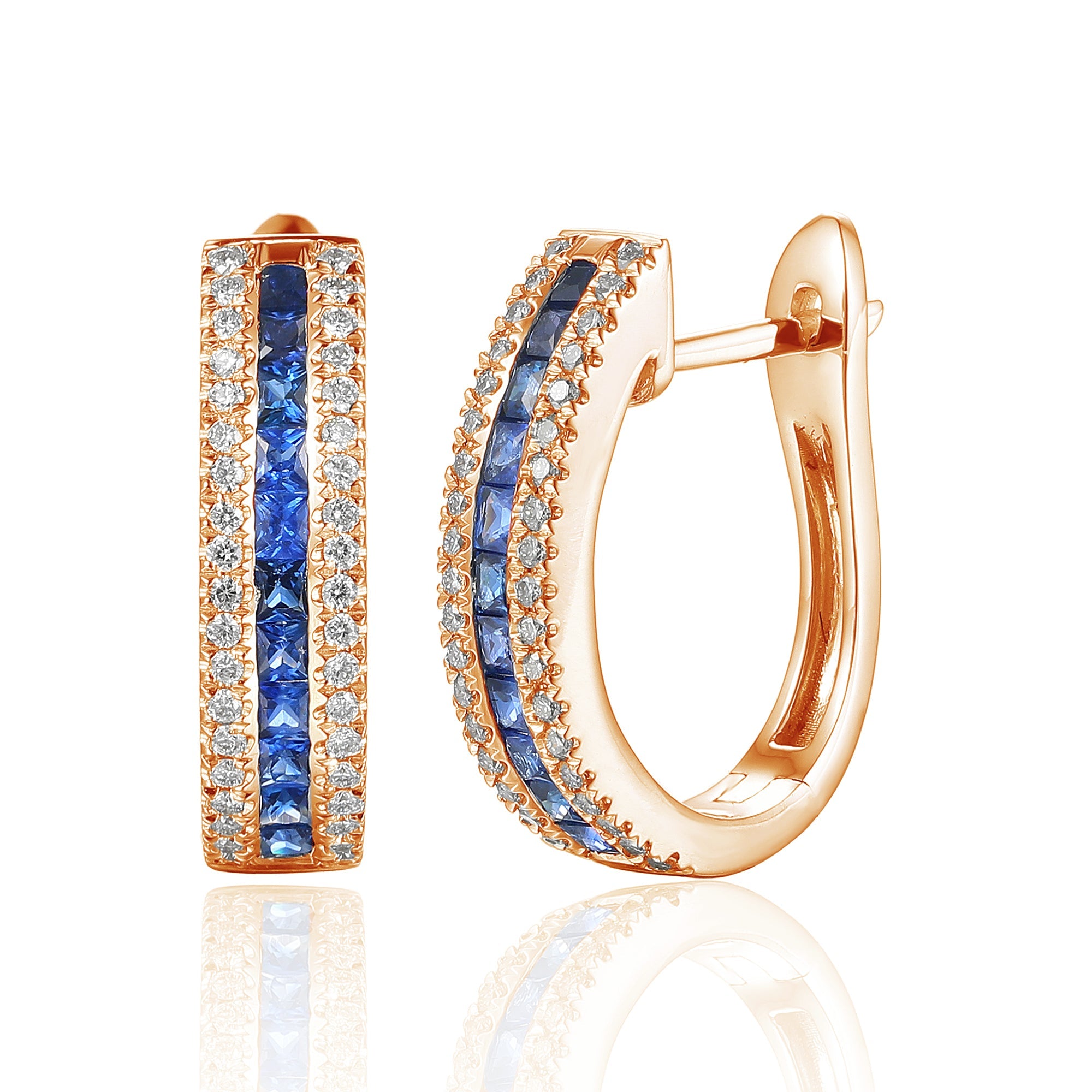 18k Rose Gold Princess Cut Blue Sapphire & Diamond Hoop Earrings - The Real Gem
