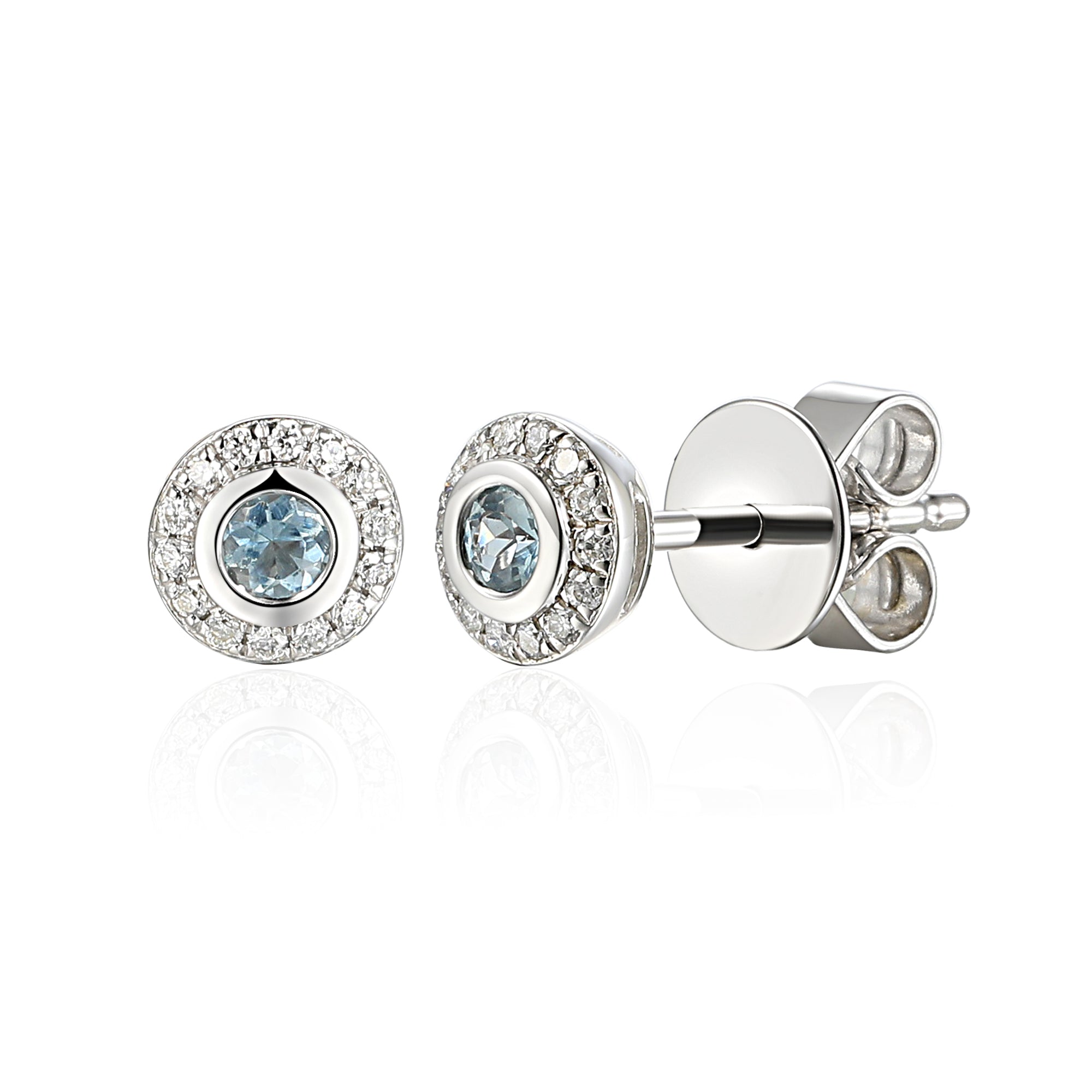 18k White Gold Aquamarine Rubover Halo Stud Earrings - The Real Gem