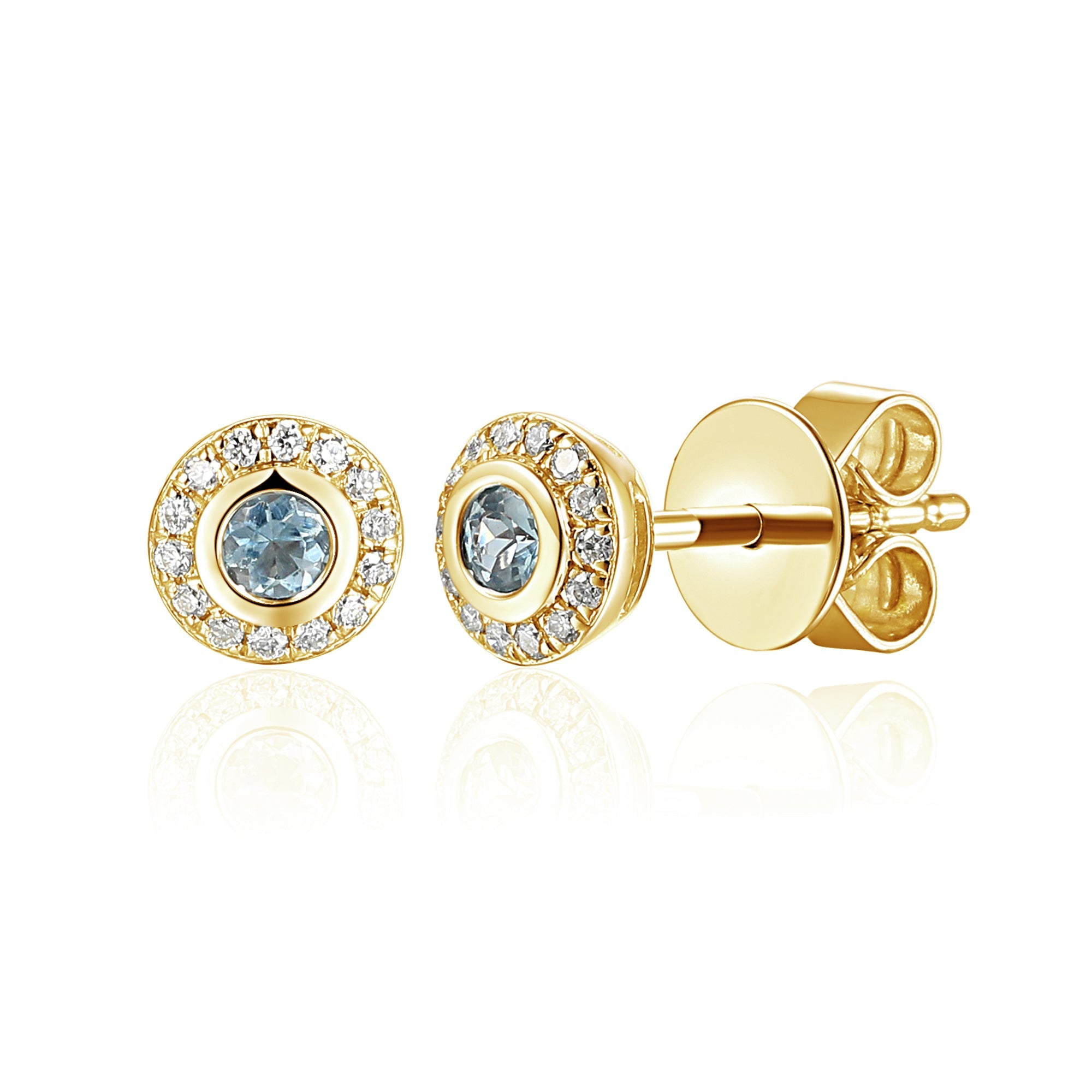 18k Yellow Gold Aquamarine Rubover Halo Stud Earrings - The Real Gem