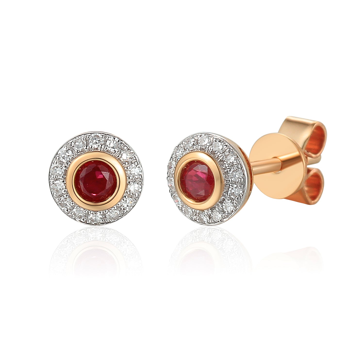 18k Rose Gold Ruby Rubover Halo Stud Earrings - The Real Gem