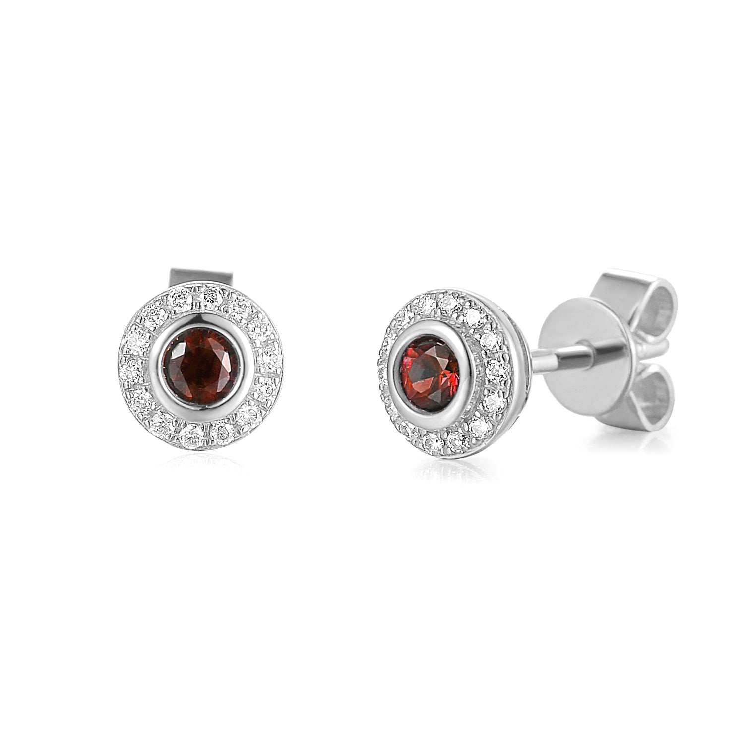 18k White Gold Ruby Rubover Halo Stud Earrings - The Real Gem