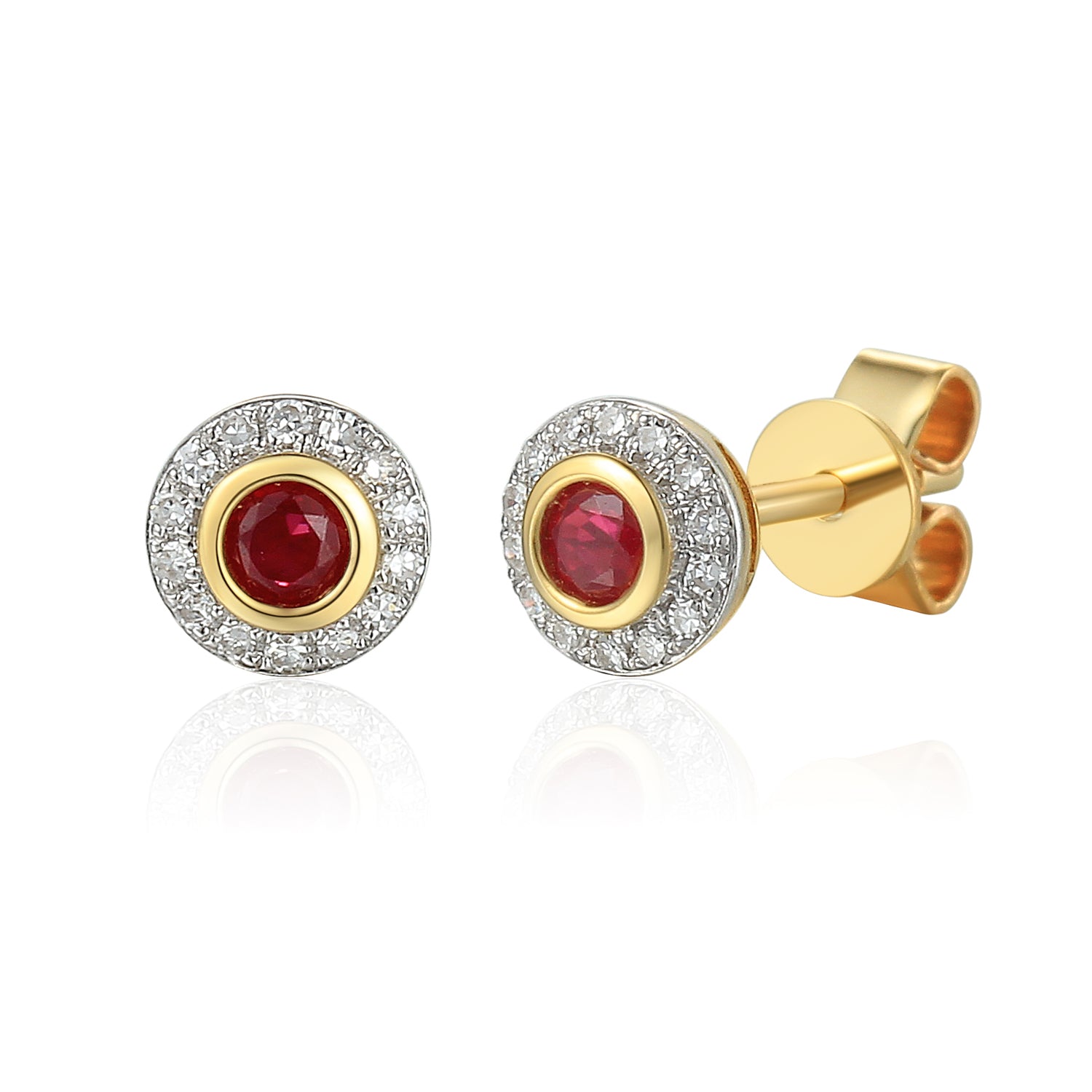 18k Yellow Gold Ruby Rubover Halo Stud Earrings - The Real Gem