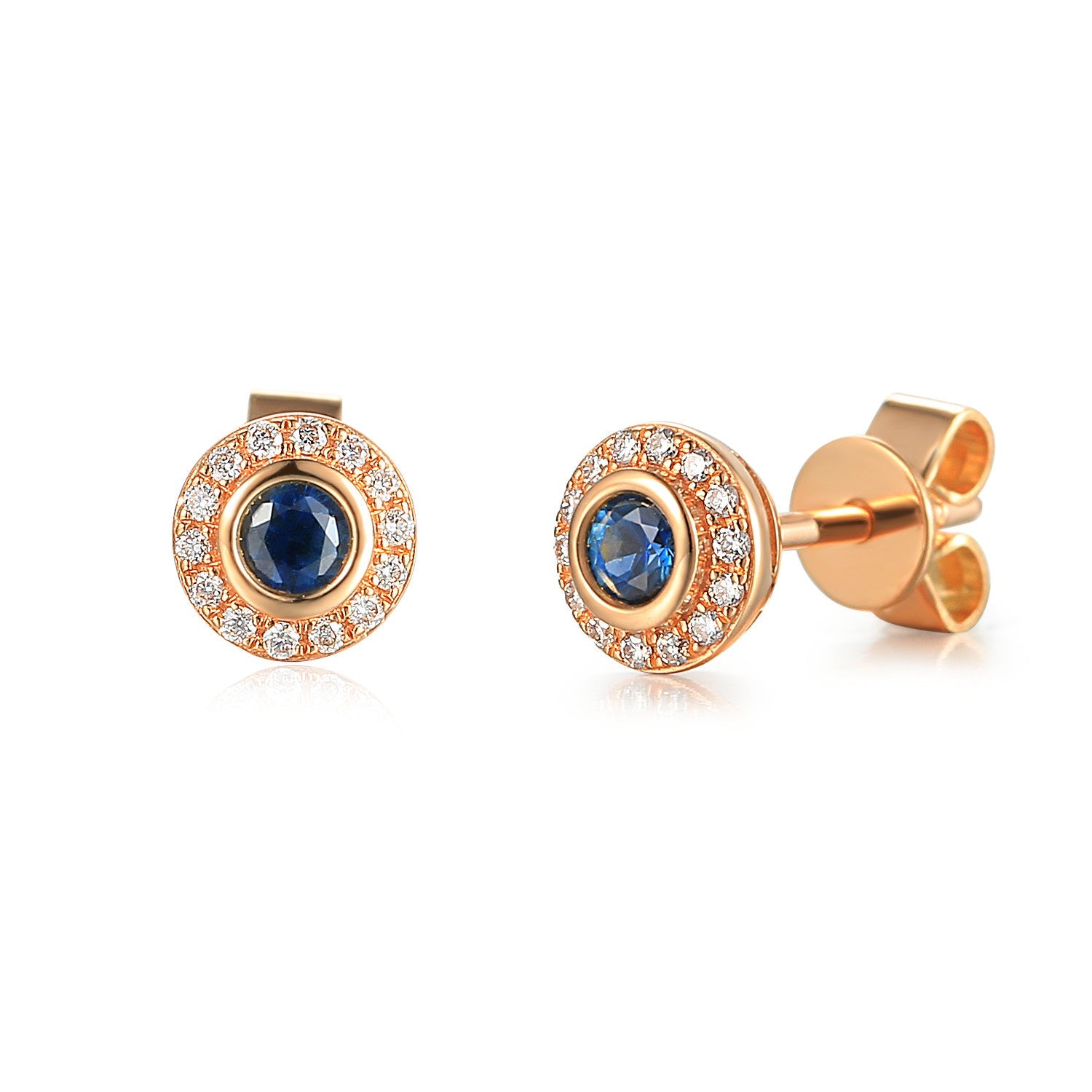 18k Rose Gold Blue Sapphire Rubover Halo Stud Earrings - The Real Gem