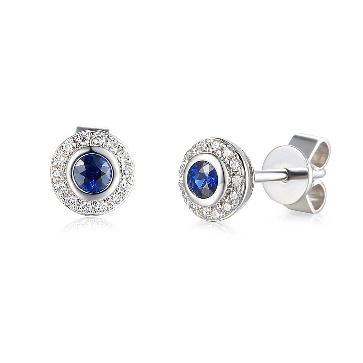18k White Gold Blue Sapphire Rubover Halo Stud Earrings - The Real Gem