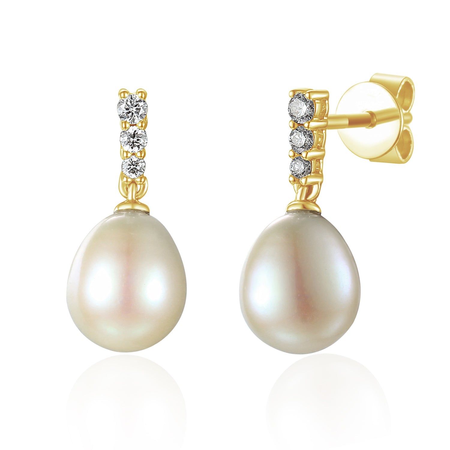 18k Yellow Gold Diamond & Pearl Drop Earrings - The Real Gem