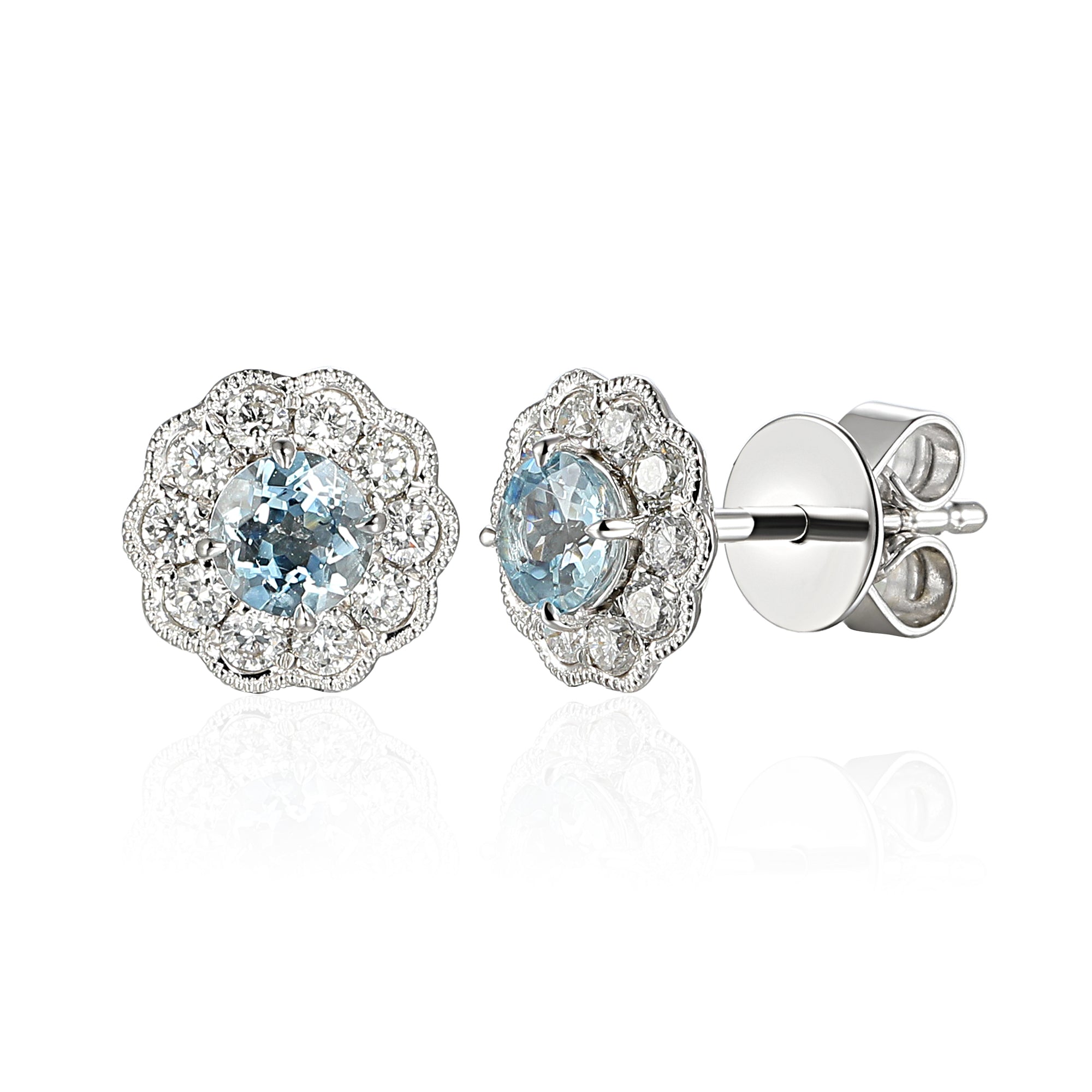 18k White Gold Aquamarine Milgrain Flower Halo Stud Earrings - The Real Gem