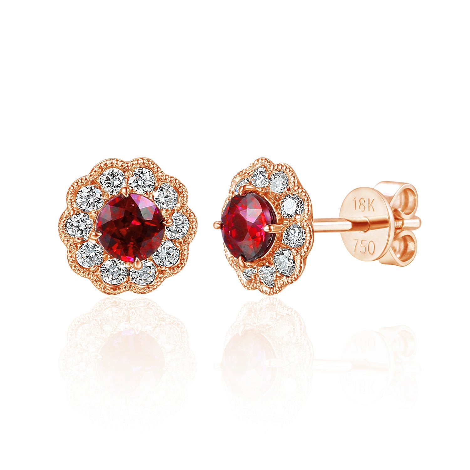 18k Rose Gold Ruby Milgrain Flower Halo Stud Earrings - The Real Gem