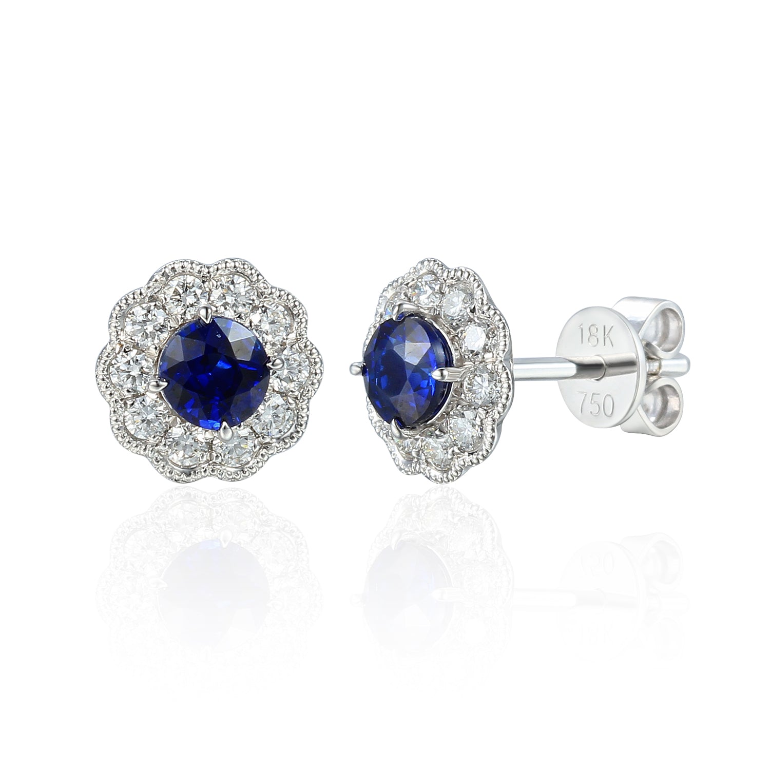 18k White Gold Blue Sapphire Milgrain Flower Halo Stud Earrings - The Real Gem