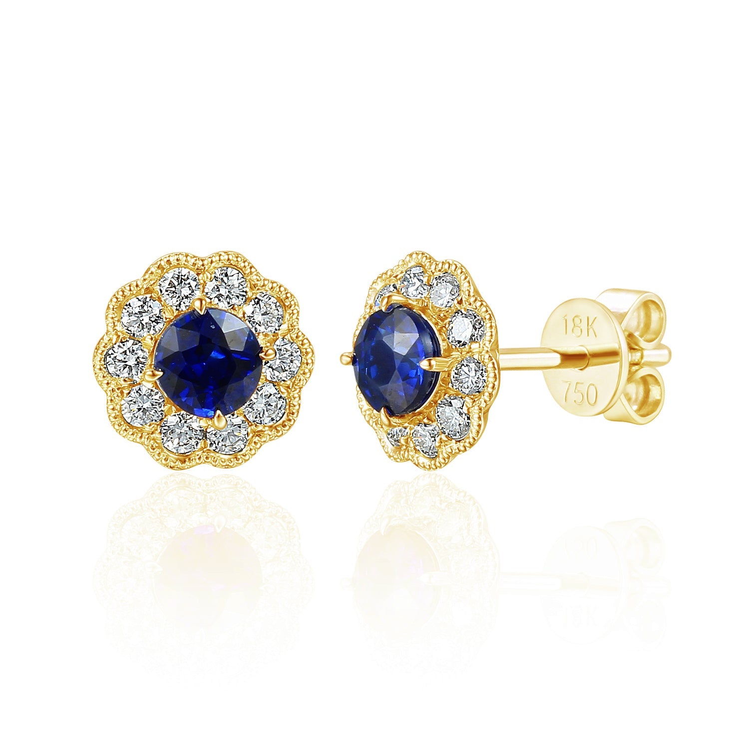 18k Yellow Gold Blue Sapphire Milgrain Flower Halo Stud Earrings - The Real Gem