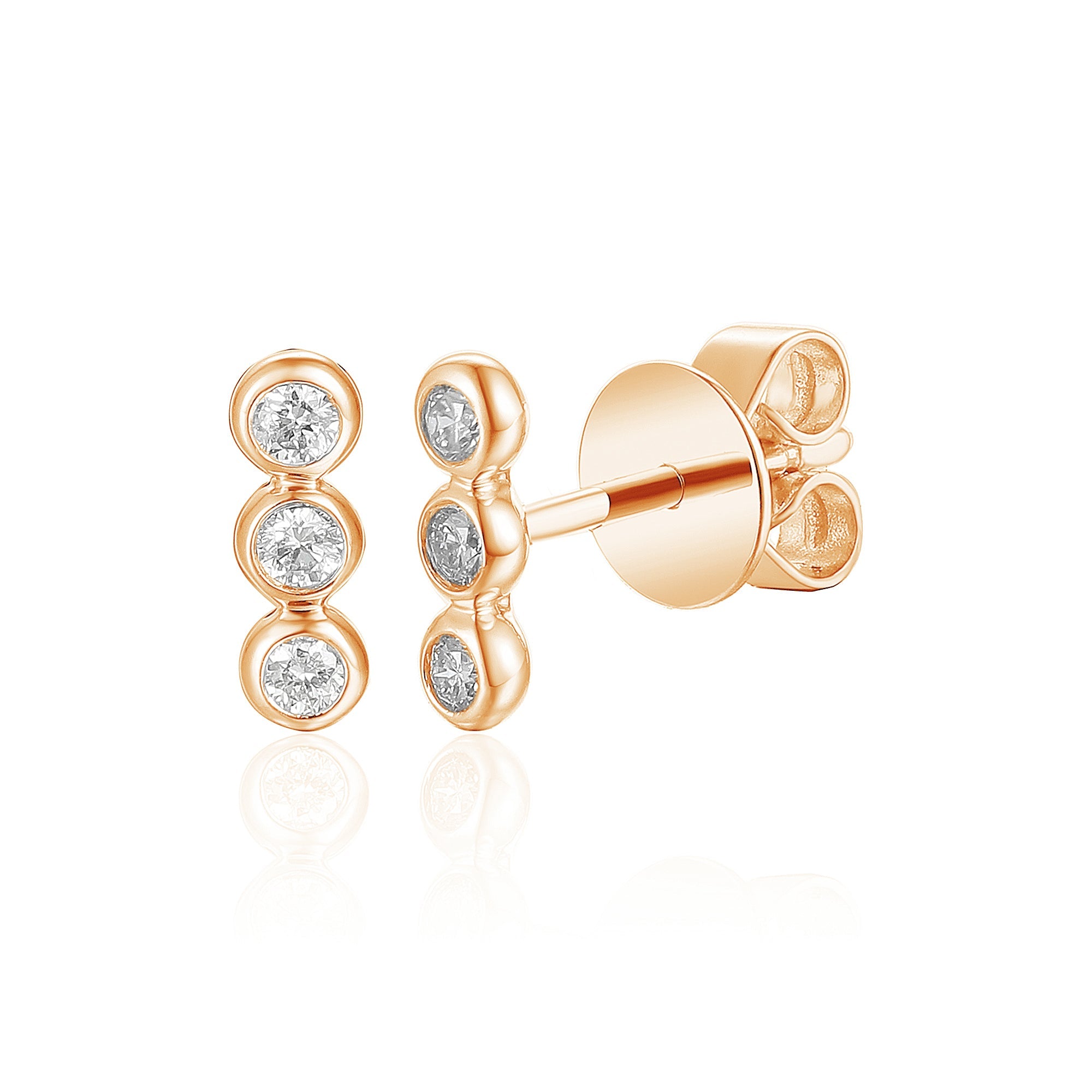 18k Rose Gold Three-Stone Bezel-Set Diamond Bar Stud Earrings – The Real Gem