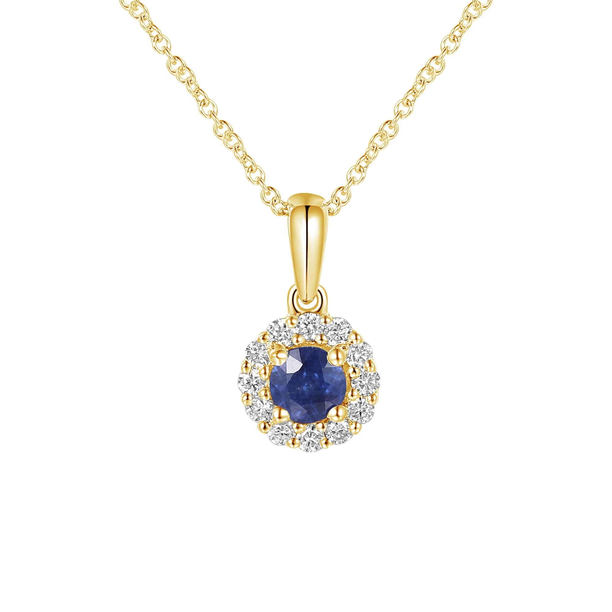 18k Yellow Gold Blue Sapphire and Diamond Halo Pendant Necklace 0.13ct G/SI - The Real Gem