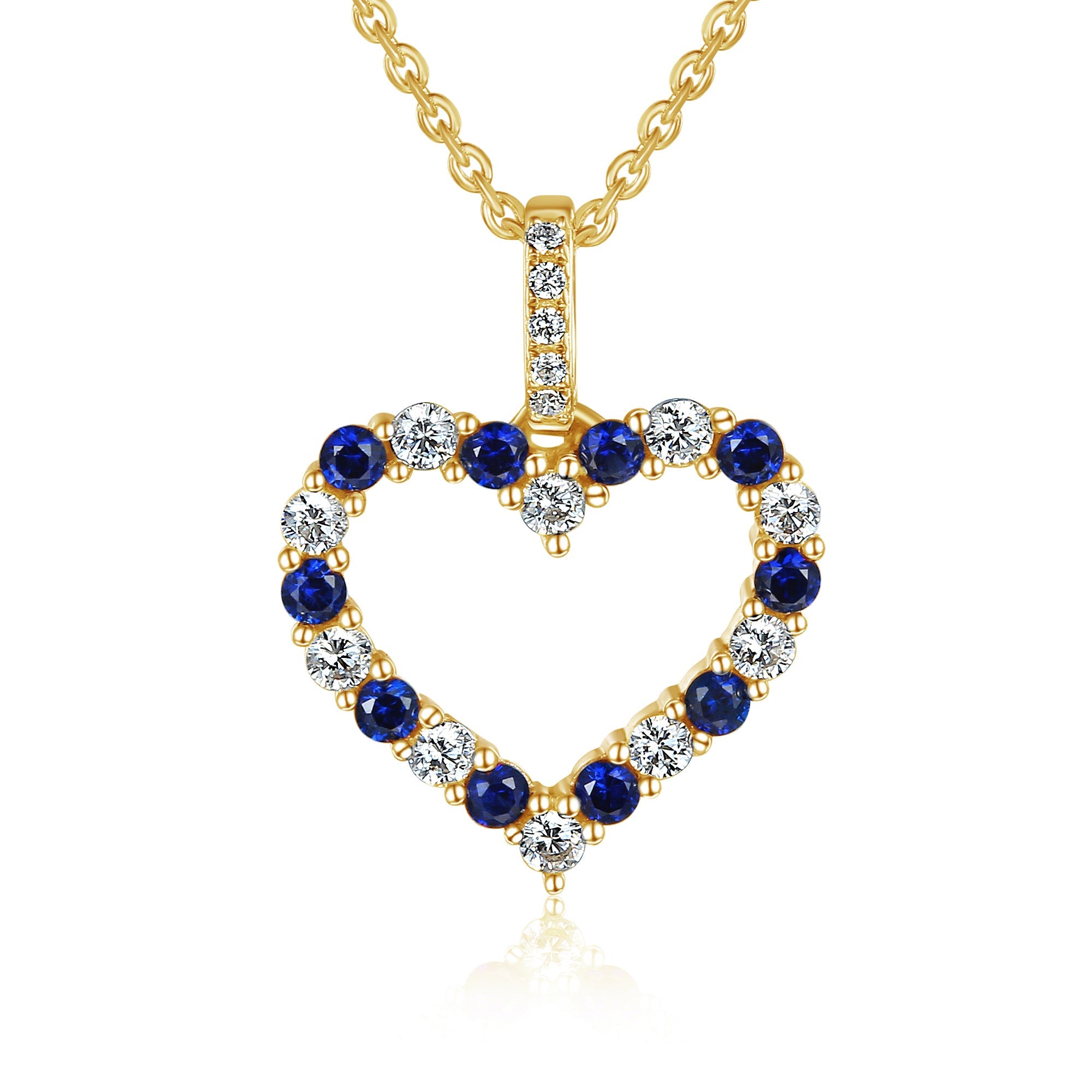 18k Yellow Gold Blue Sapphire And Diamond 0.26ct Heart Pendant Necklace - The Real Gem