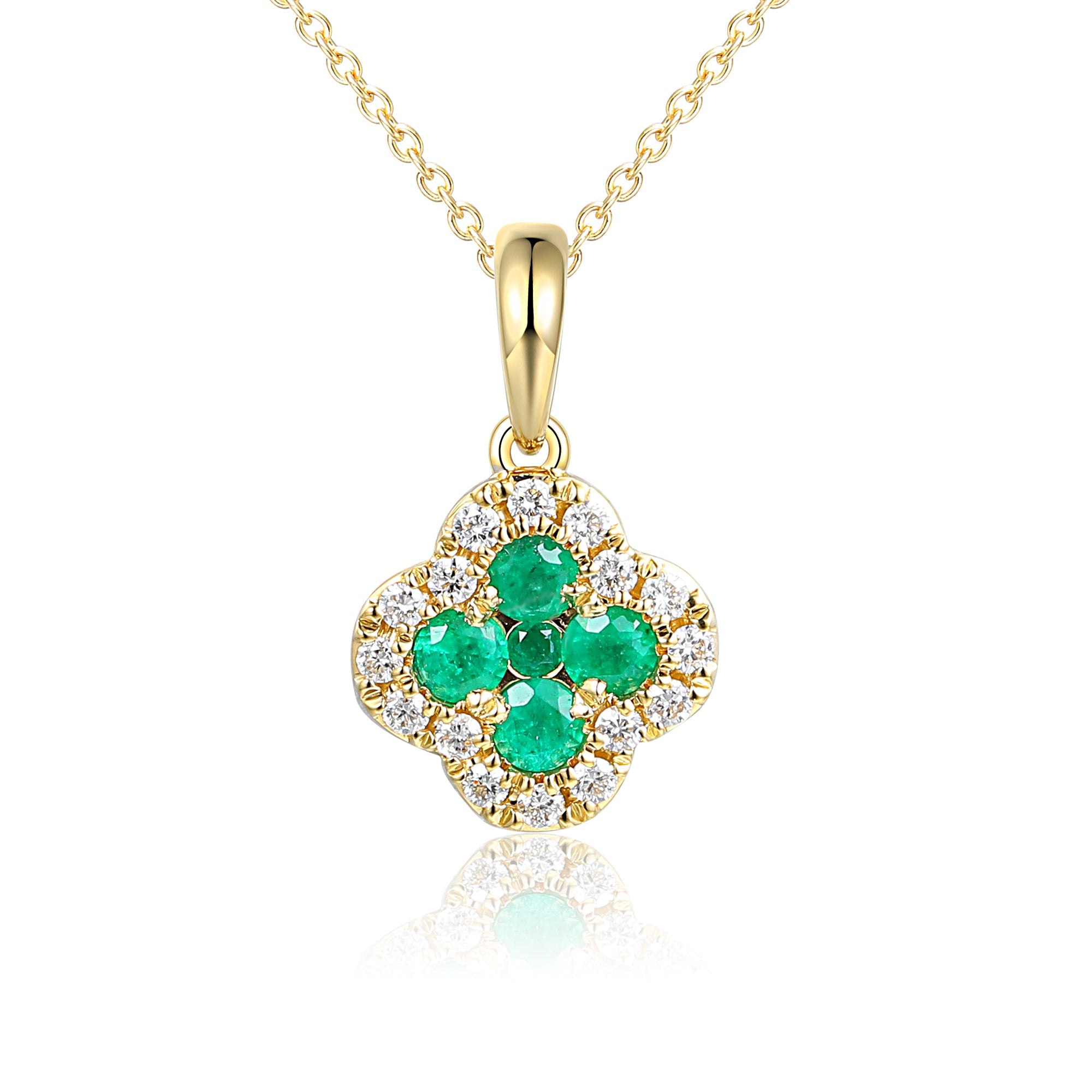 18k Yellow Gold Clover Emerald And Diamond Cluster Pendant Necklace - The Real Gem