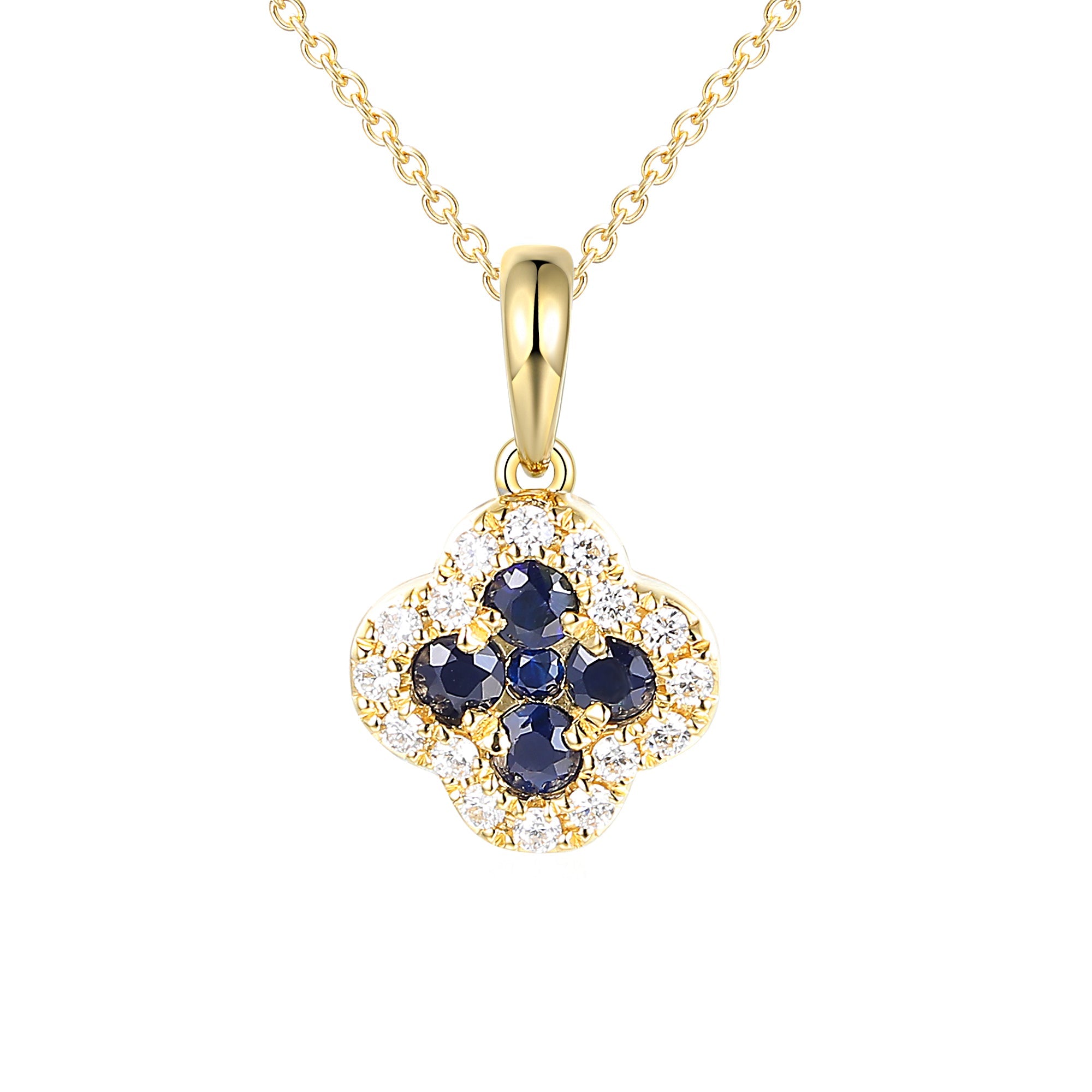 18k Yellow Gold Clover Blue Sapphire And Diamond Cluster Pendant Necklace - The Real Gem