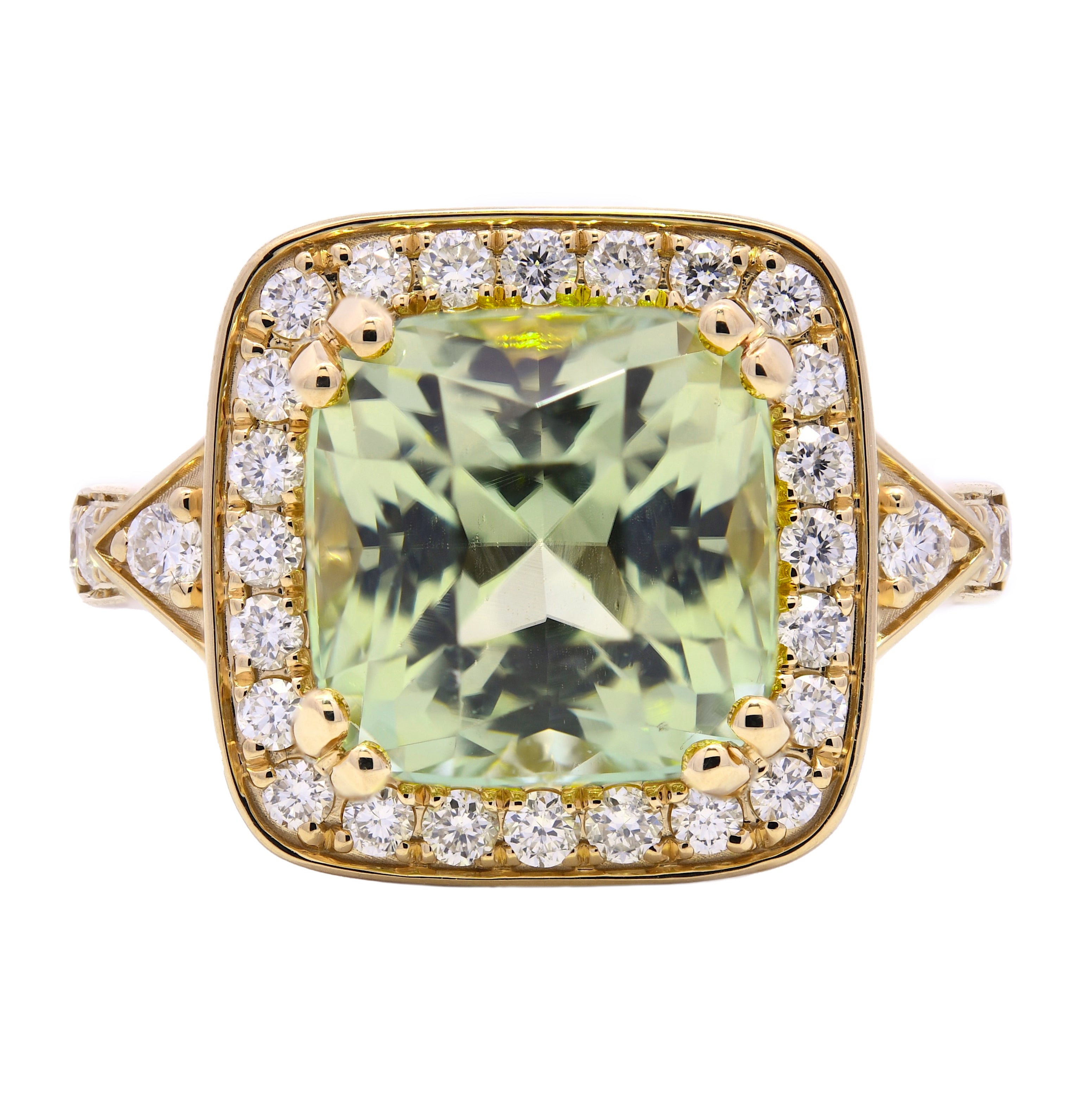 Mint Tourmaline 4.39ct & Diamond 0.54ct Halo Ring in 18k Yellow Gold