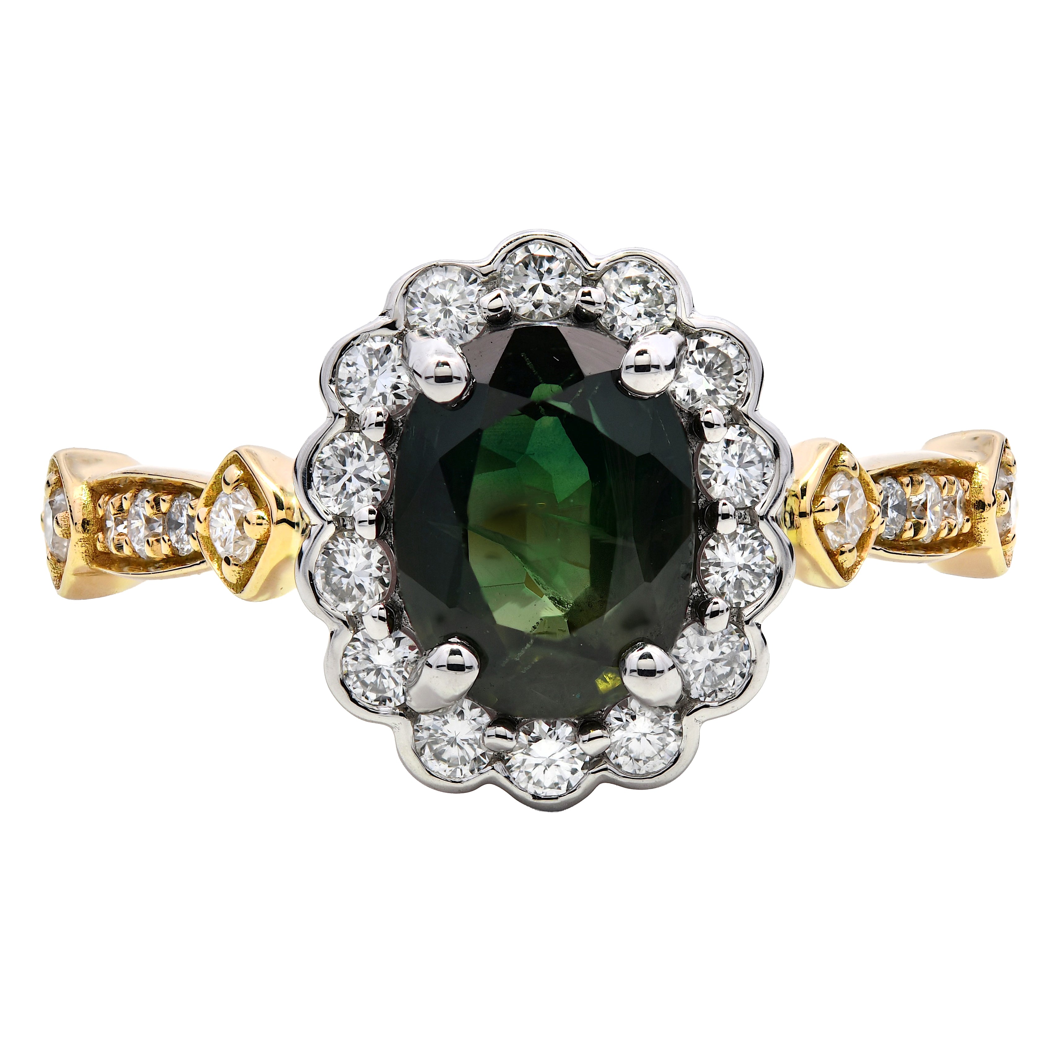 18k Yellow Gold & Platinum Green Sapphire 1.3ct & Diamond 0.34ct Cluster Ring – The Real Gem