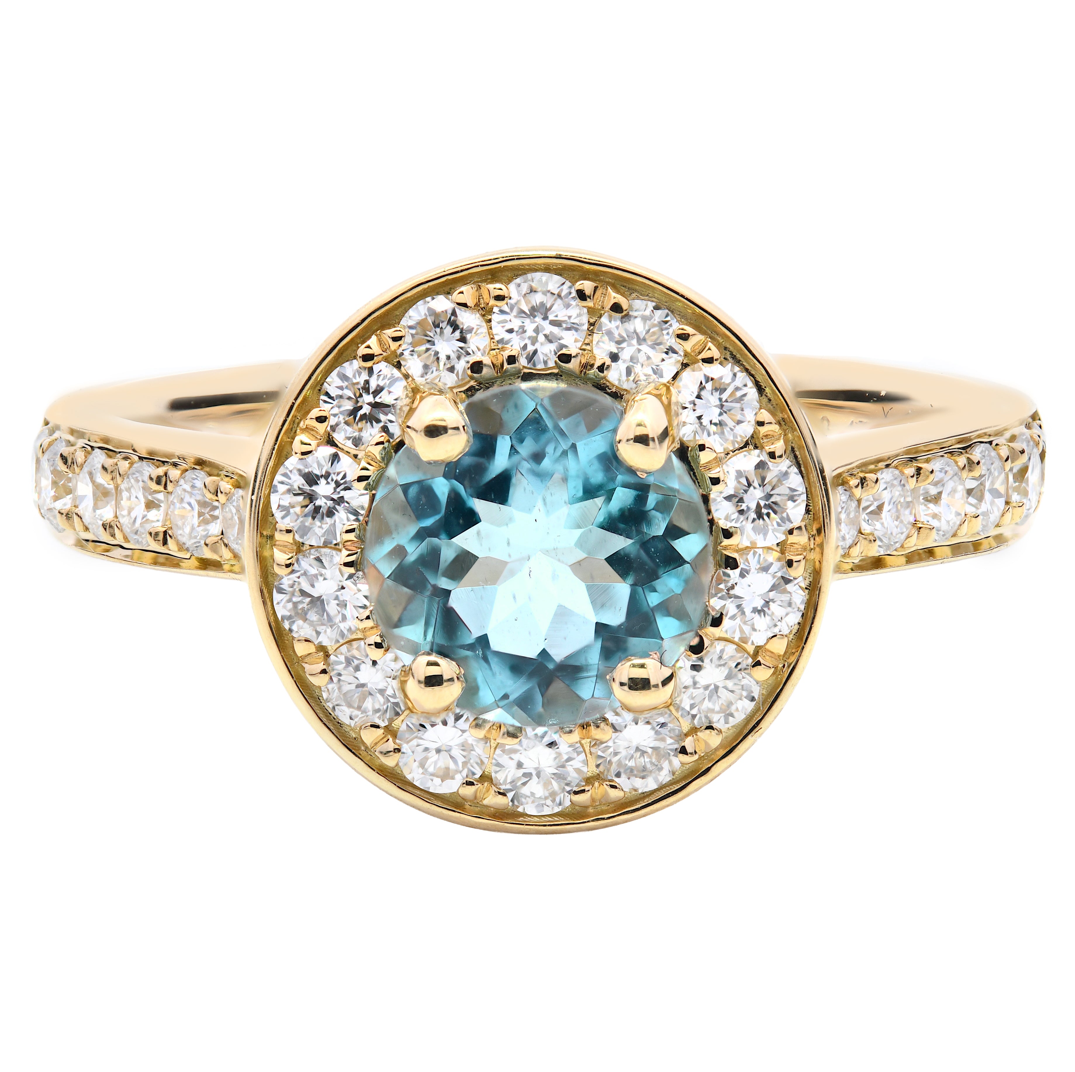 Aquamarine 0.64ct and Diamond 0.47ct Halo Ring in 18k Yellow Gold