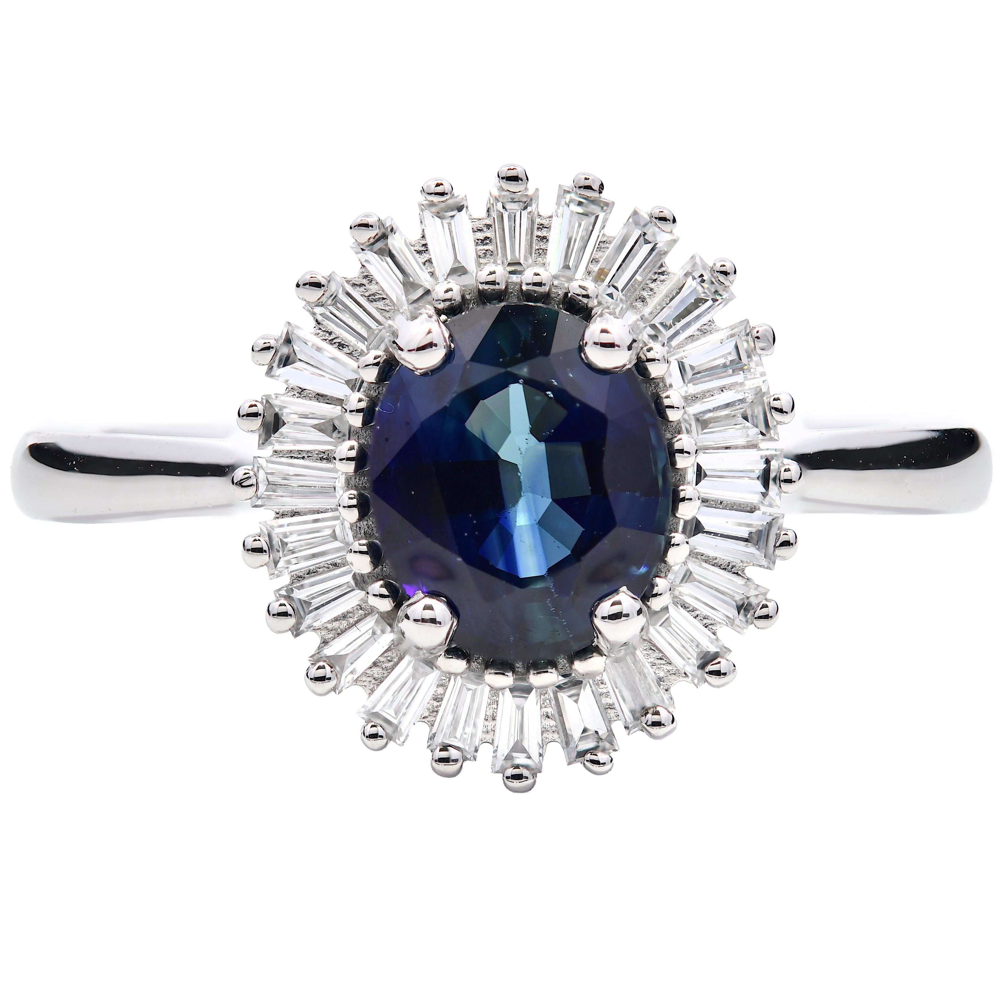 Blue Sapphire 1.06ct & Diamond 0.21ct Oval & Baguette Halo Ring in Platinum