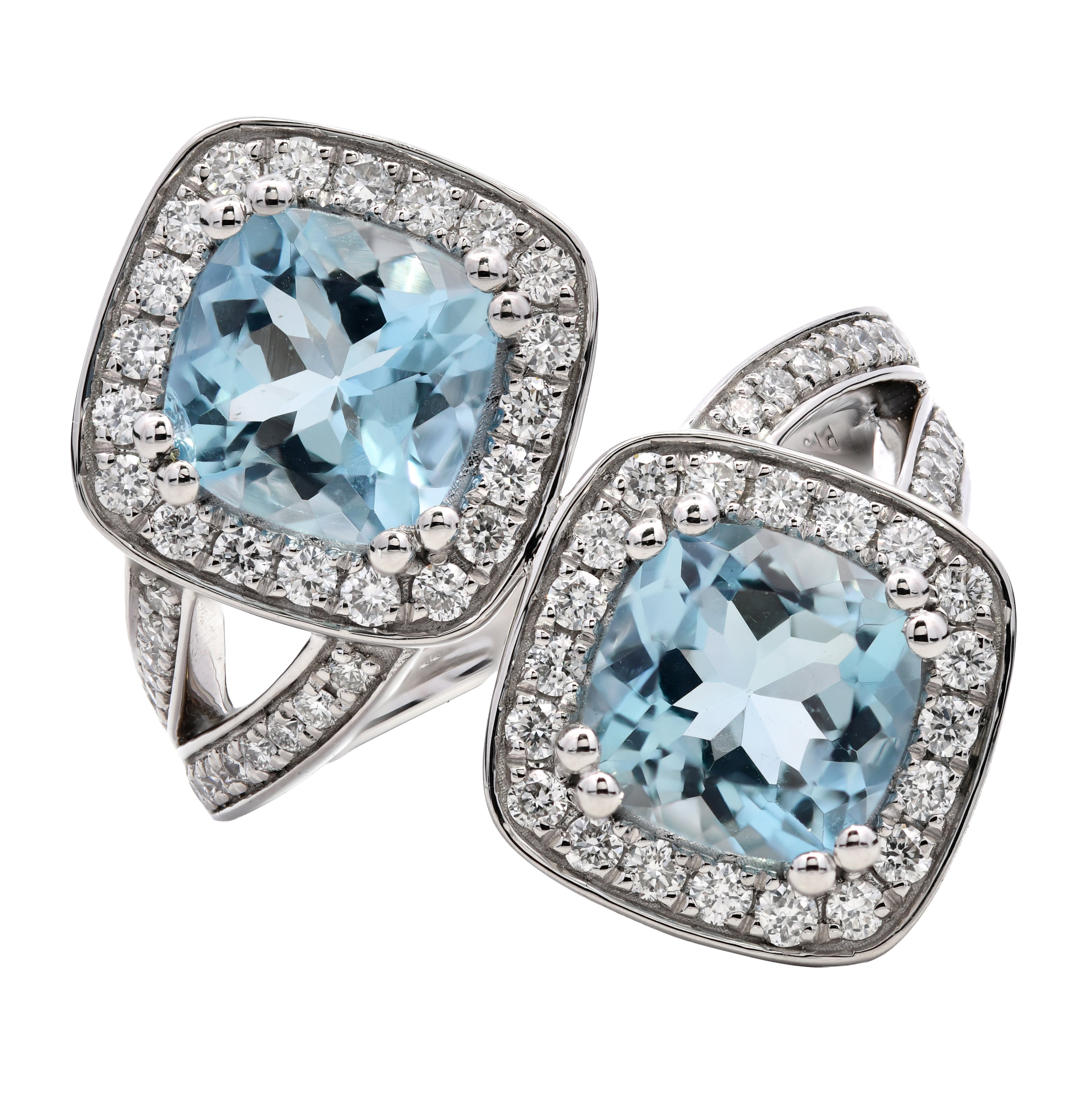Aqua 2.77ct & Diamond 0.61ct Double Halo Crossover Ring in Platinum