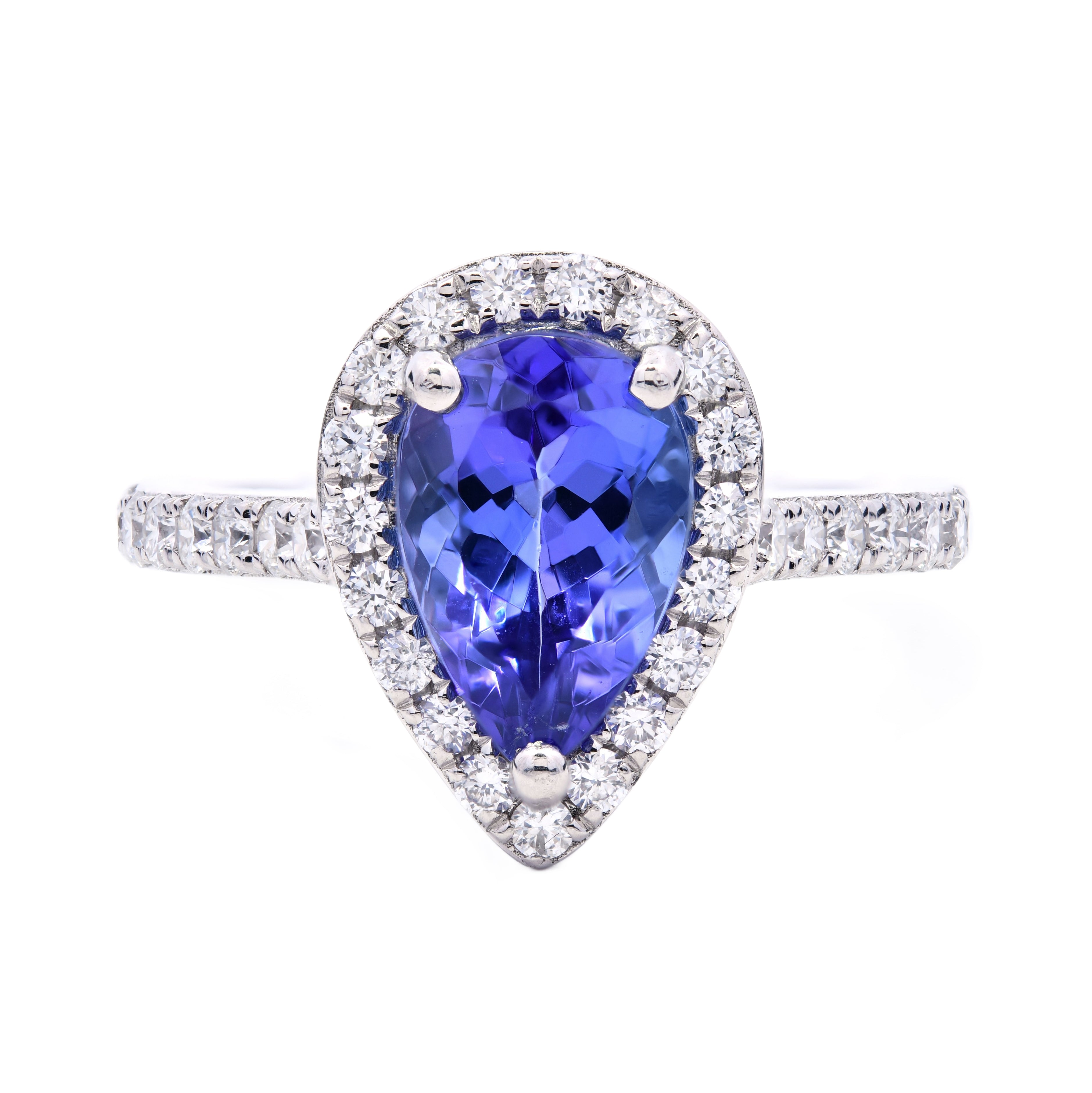 Tanzanite 1.63ct & Diamond 0.50ct Pear Shape Halo Ring in Platinum