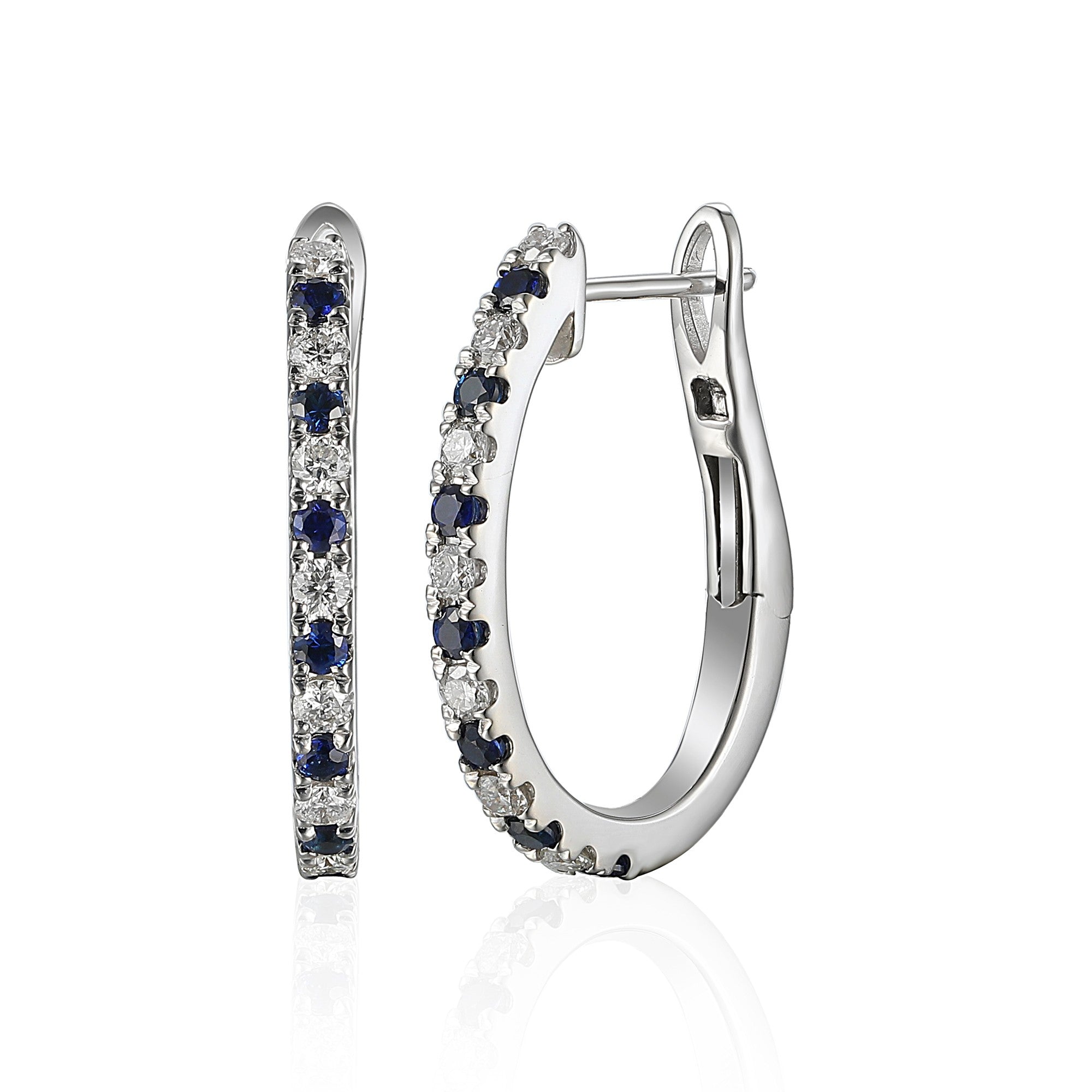 18k White Gold Micro Set Round Blue Sapphire & Round Diamond Huggie Hoop Earrings - The Real Gem