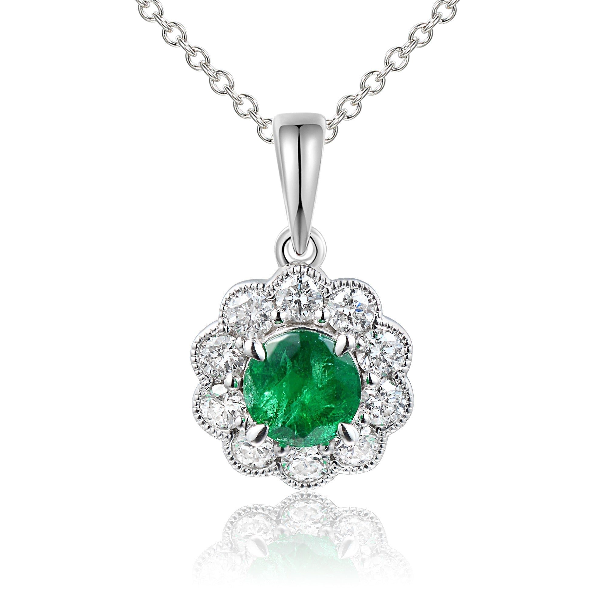 Claw Set Round Emerald & Micro Set Round Diamond Halo Pendant – The Real Gem