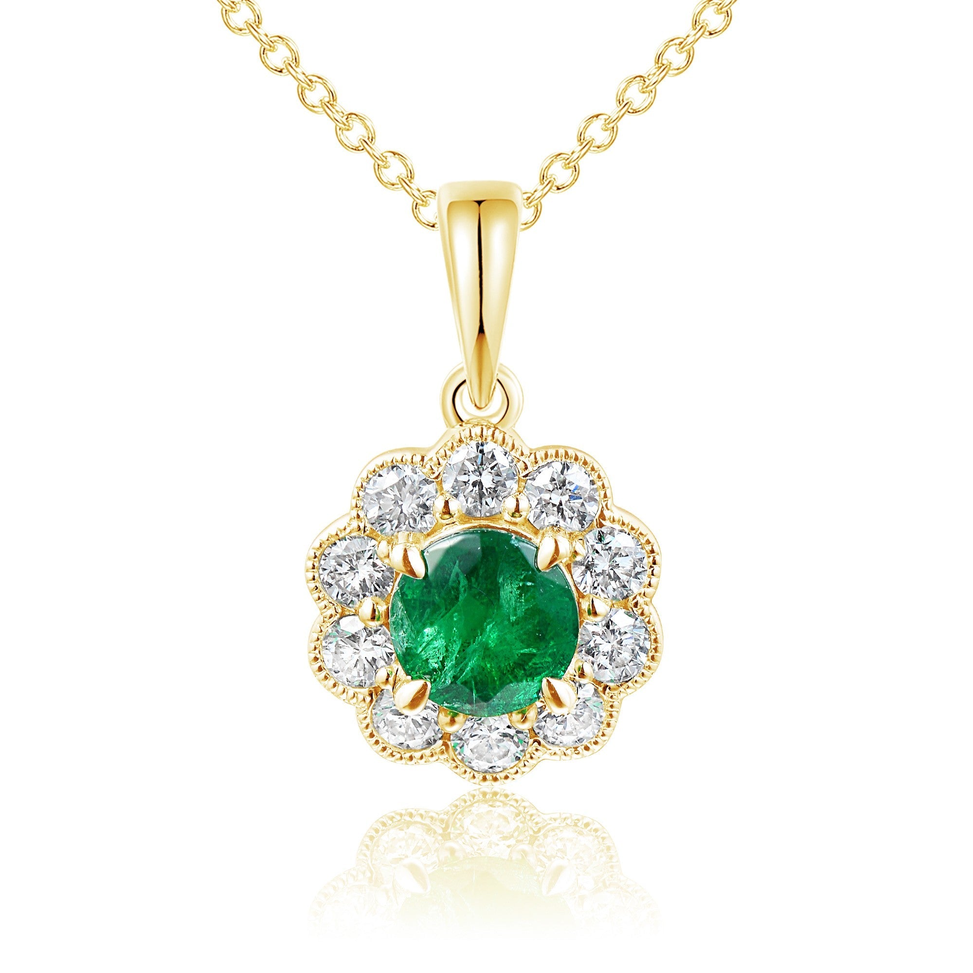 Claw Set Round Emerald & Micro Set Round Diamond Halo Pendant – The Real Gem