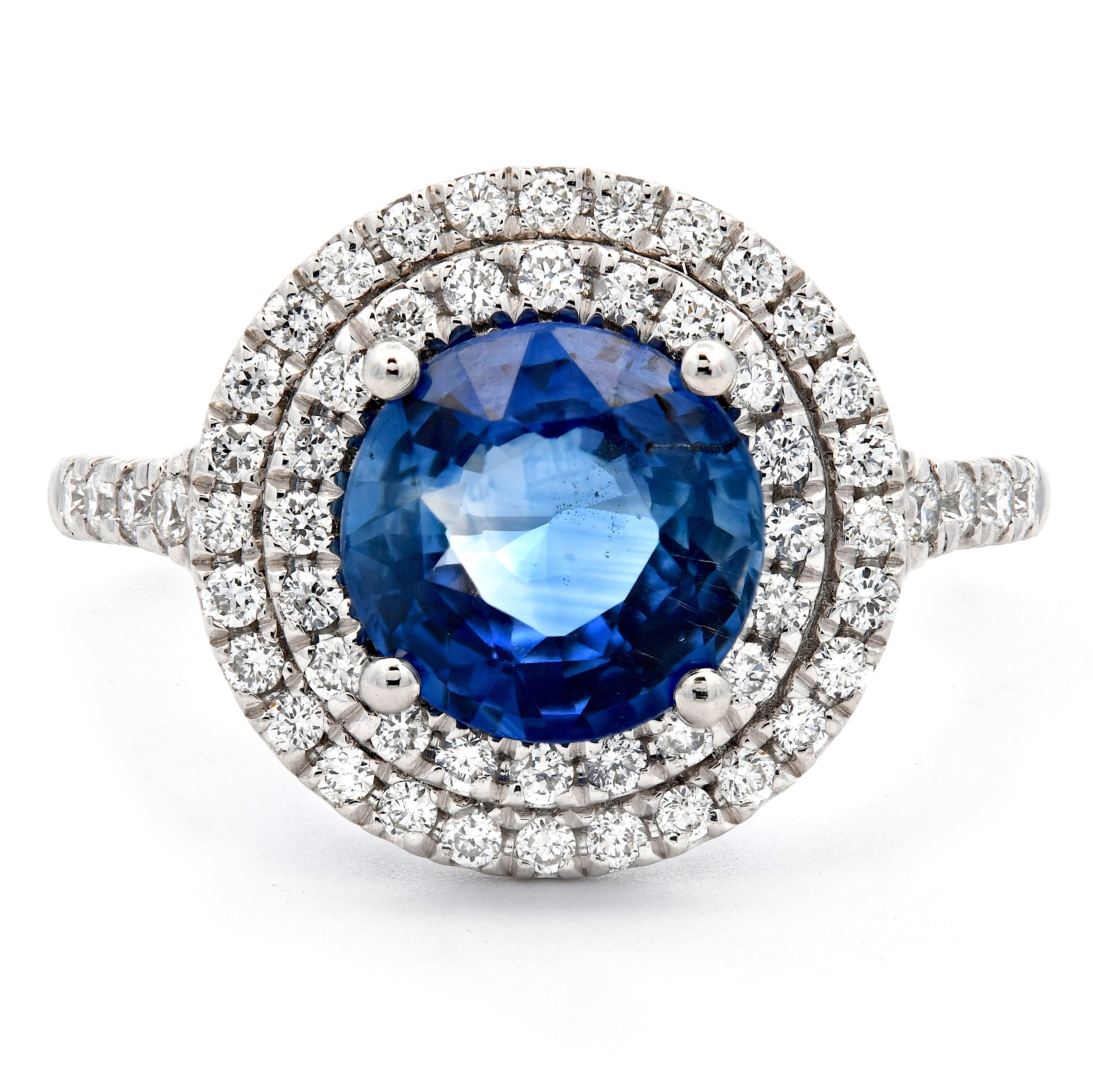 Blue Sapphire 2.07ct & Diamond 0.49ct Double Halo Ring in Platinum