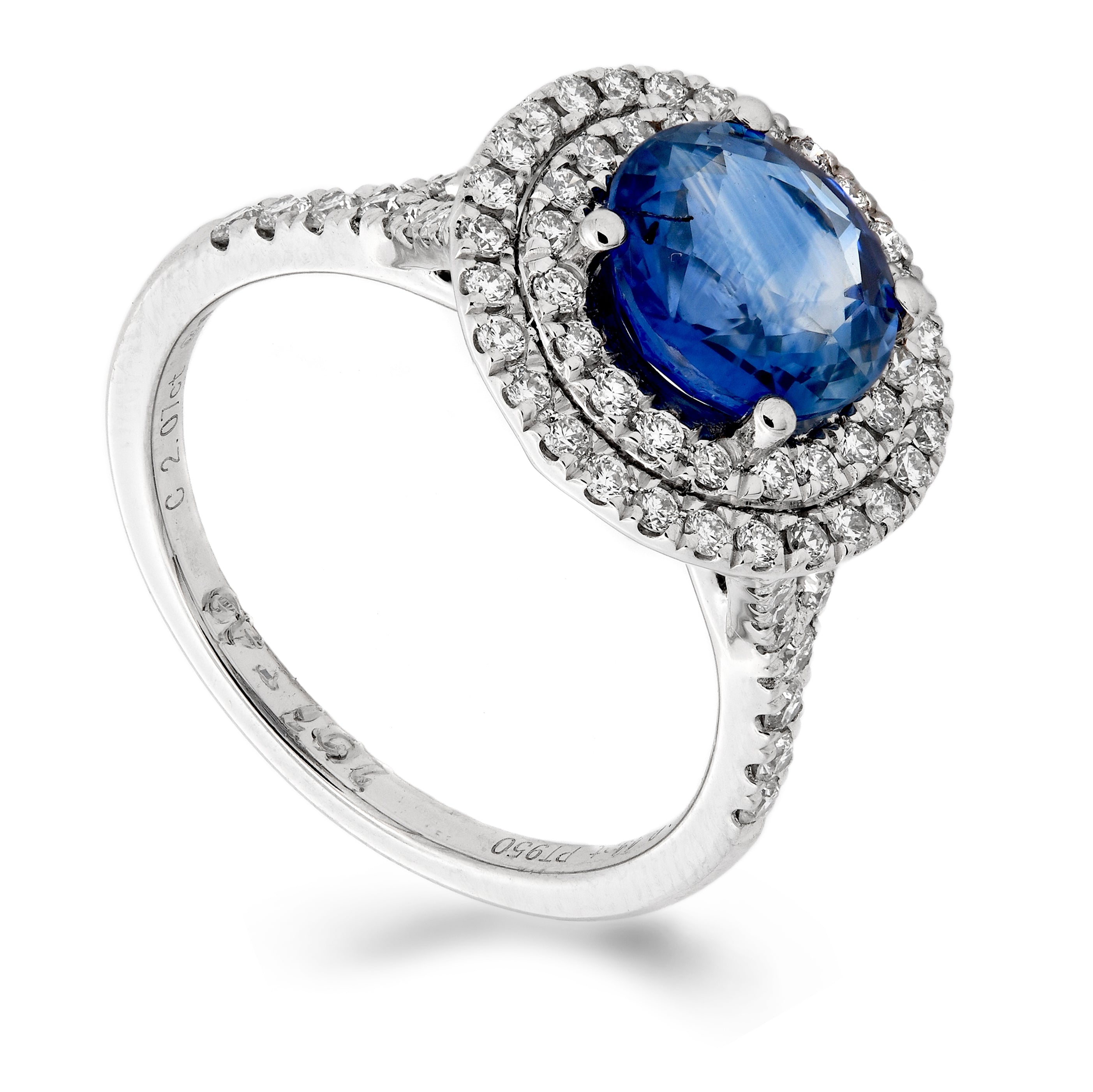 Blue Sapphire 2.07ct & Diamond 0.49ct Double Halo Ring in Platinum