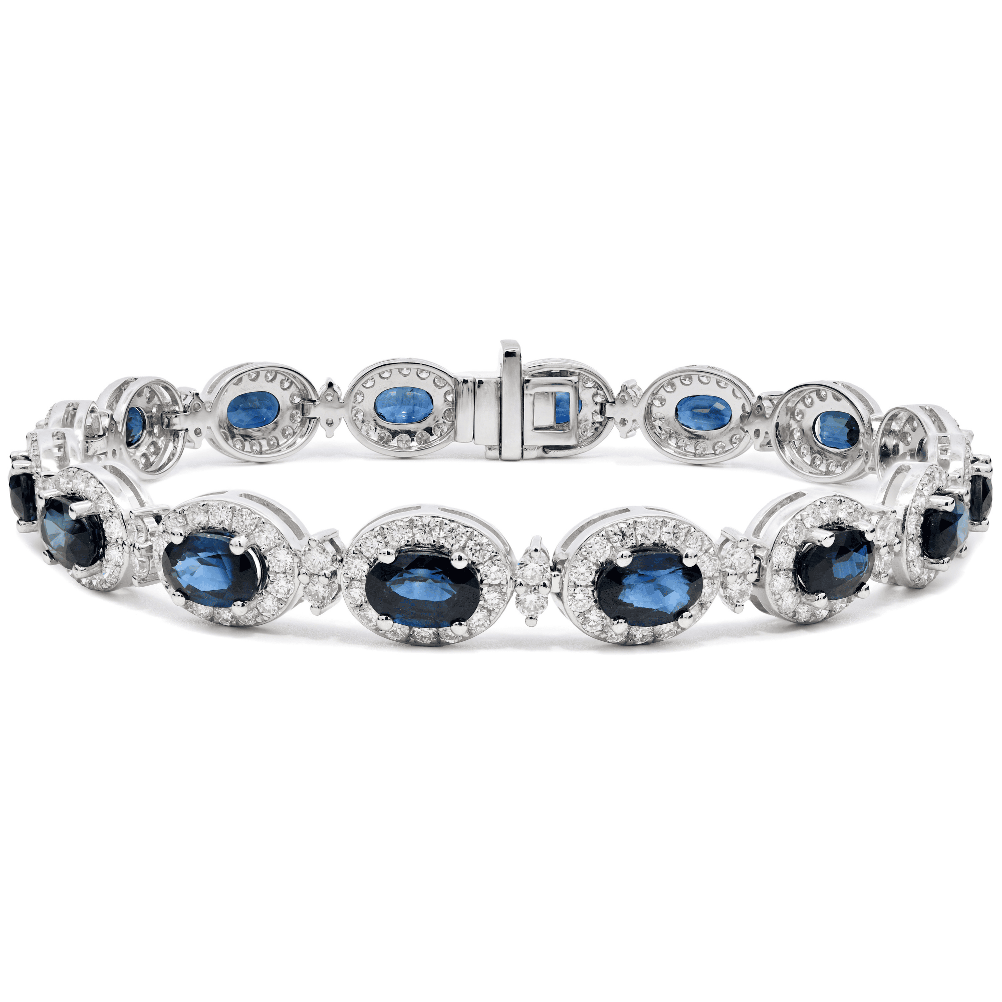 18k White Gold Oval Sapphire & Diamond Halo Tennis Bracelet – The Real Gem