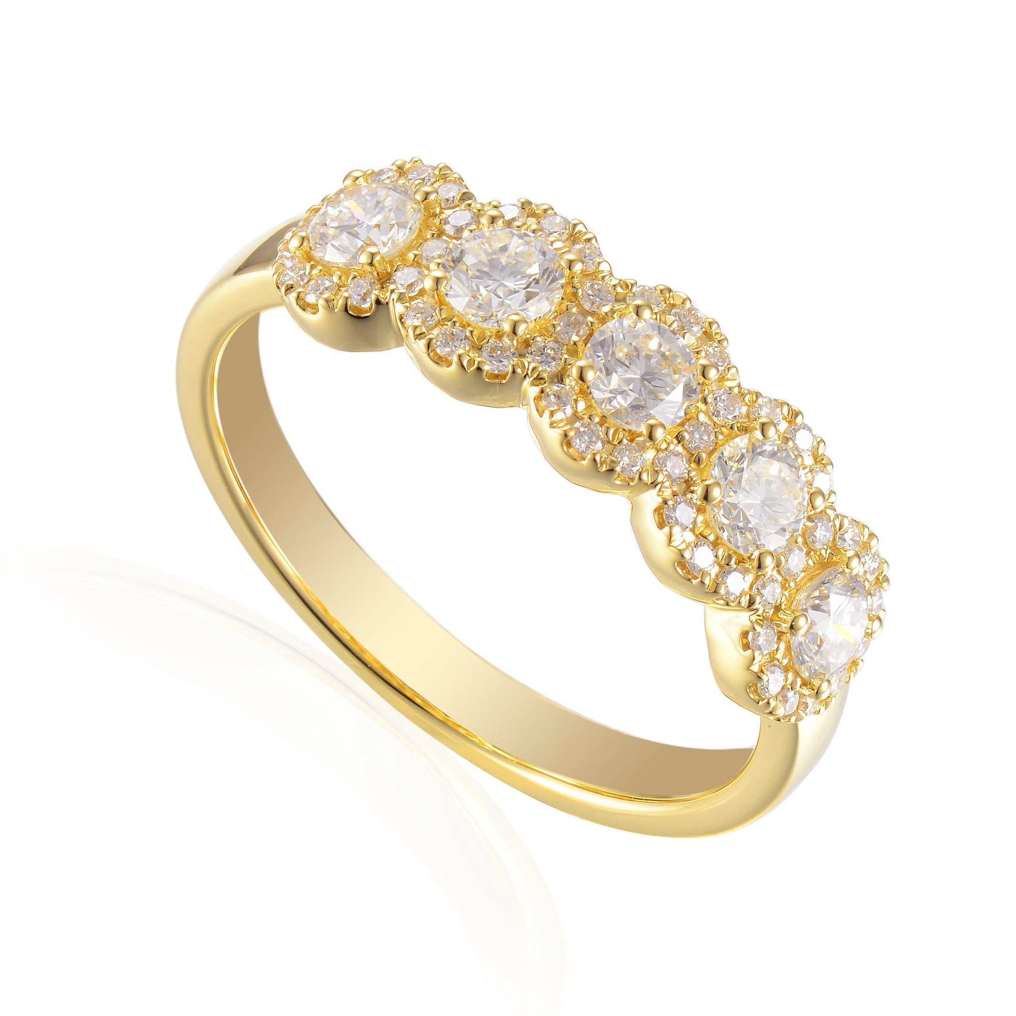 18k Yellow Gold Diamond 5 Stone Halo Ring - The Real Gem