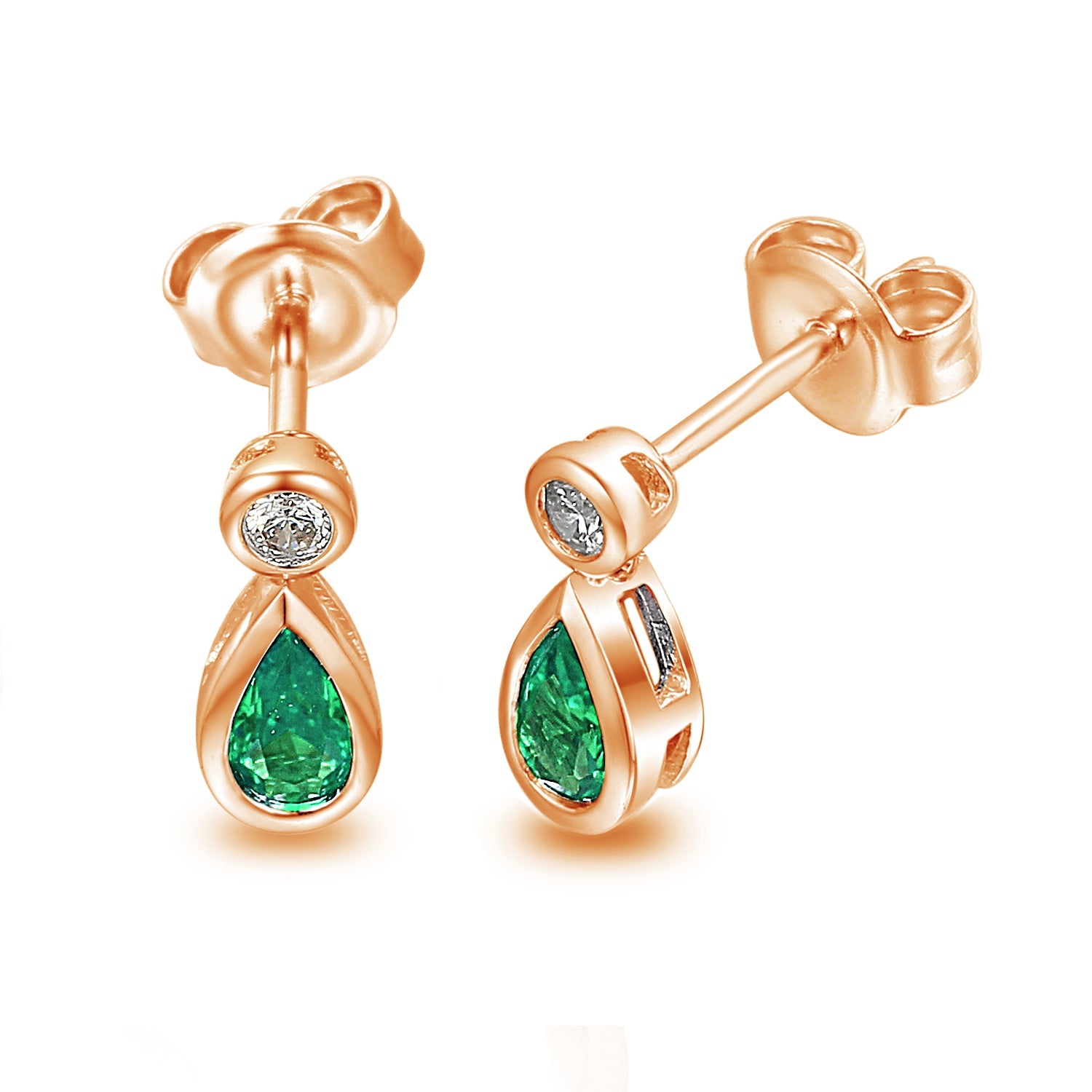 18k Rose Gold Emerald & Diamond Pear-Cut Drop Stud Earrings – The Real Gem