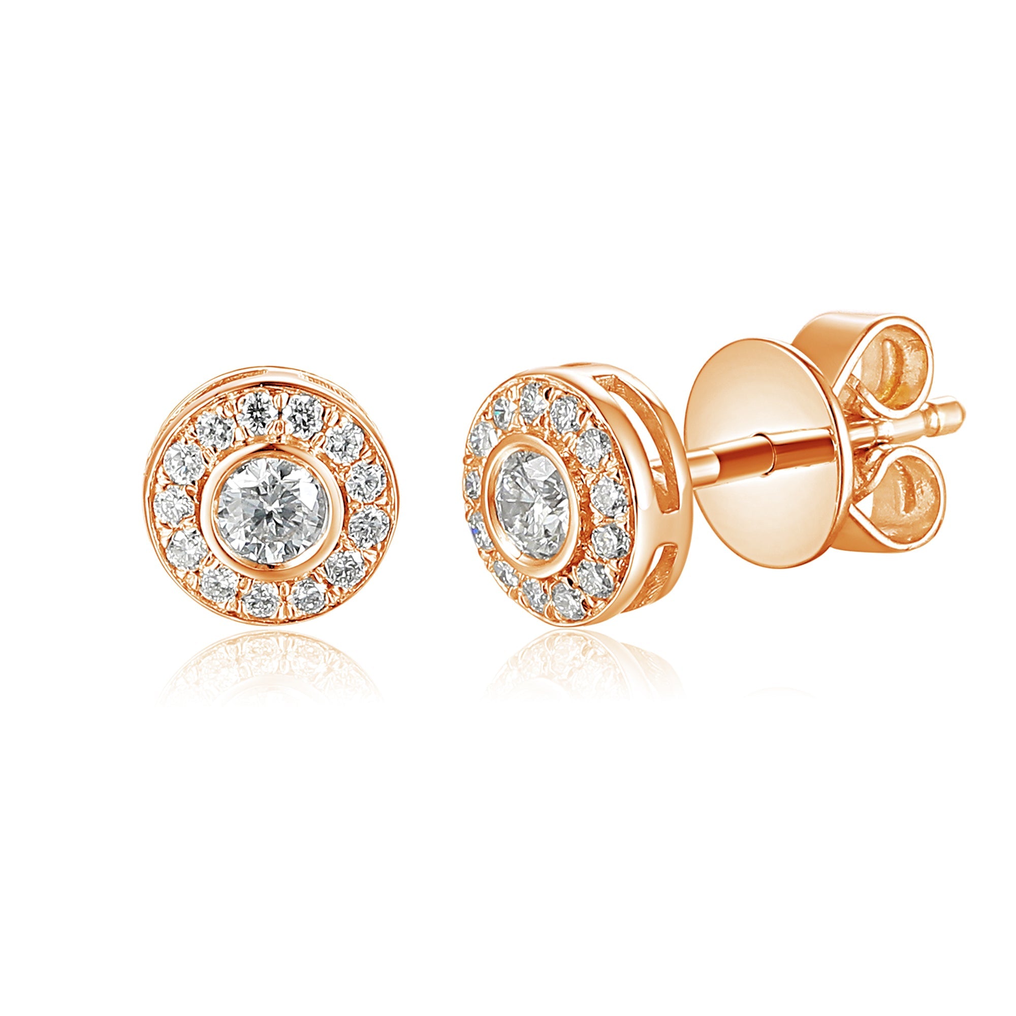 18k Rose Gold Round Bezel-Set Diamond Halo Stud Earrings – The Real Gem