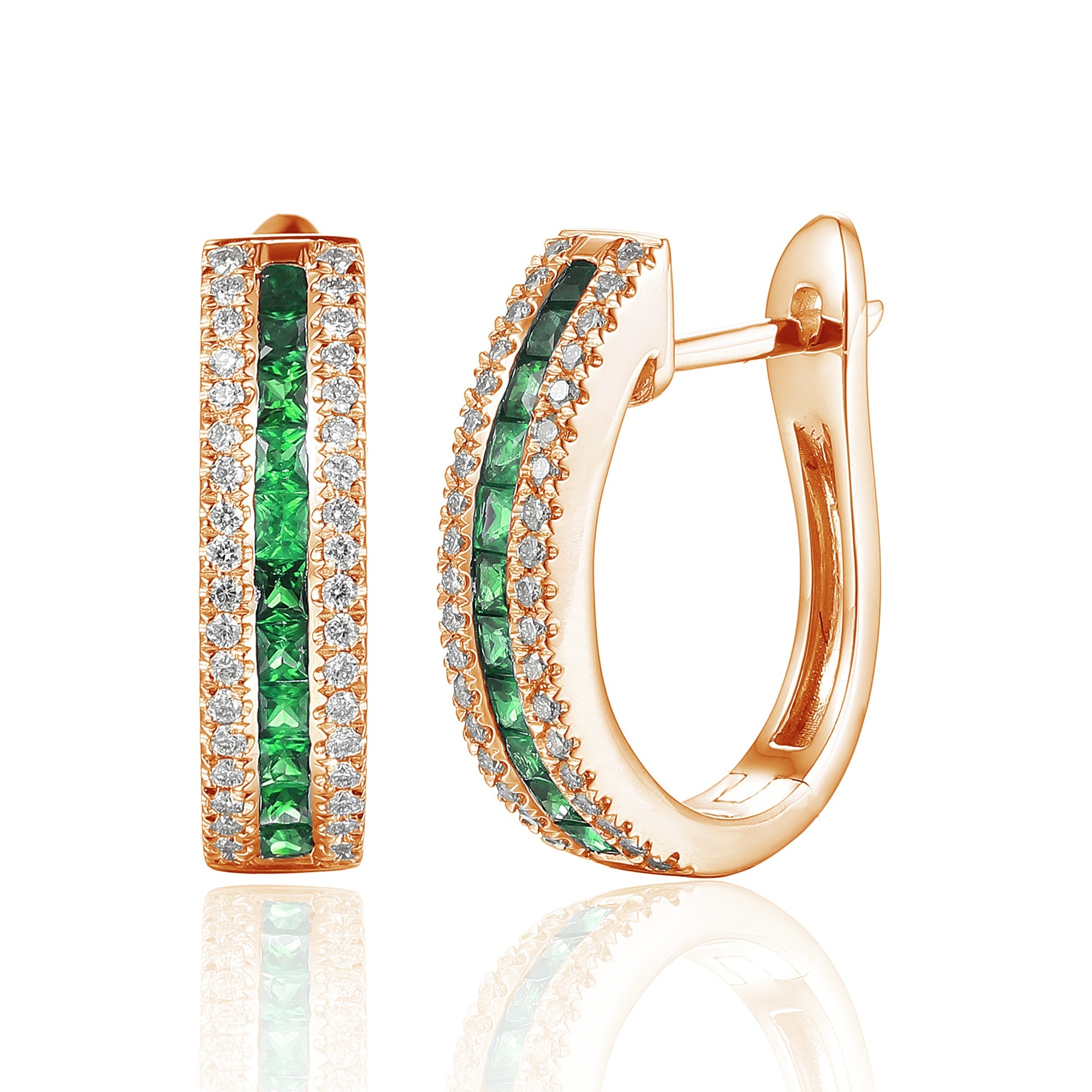 18k Rose Gold Princess Cut Emerald & Diamond Hoop Earrings - The Real Gem