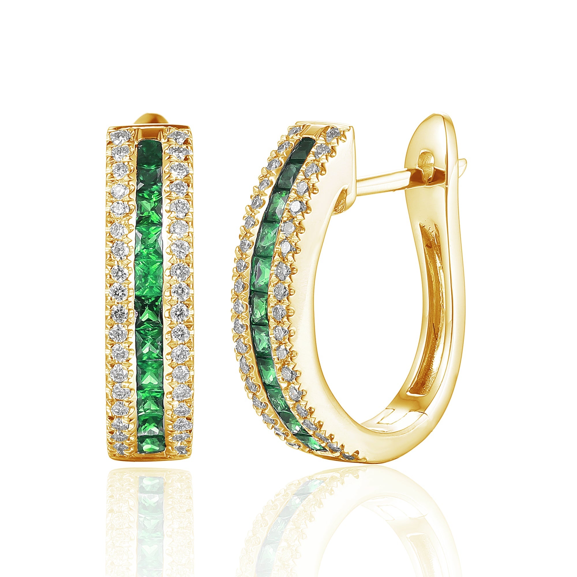 18k Yellow Gold Princess Cut Emerald & Diamond Hoop Earrings - The Real Gem