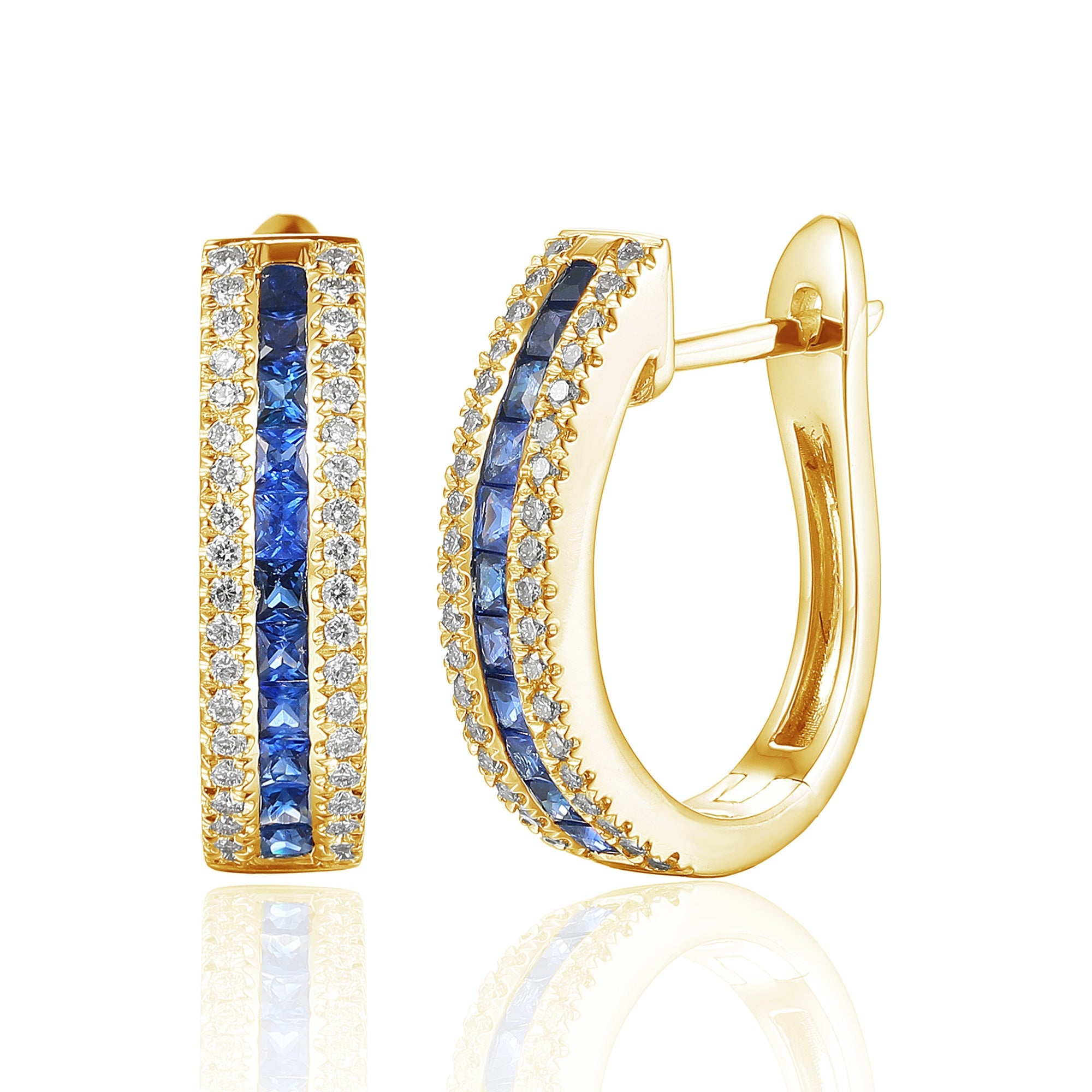 18k Yellow Gold Princess Cut Blue Sapphire & Diamond Hoop Earrings - The Real Gem
