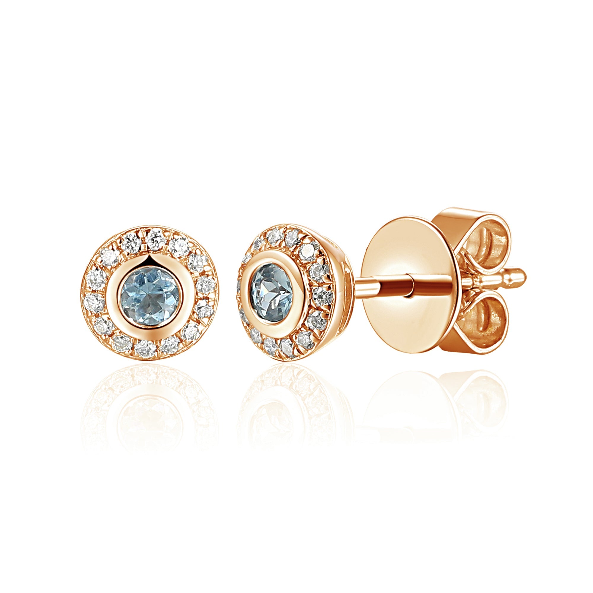 18k Rose Gold Aquamarine Rubover Halo Stud Earrings - The Real Gem