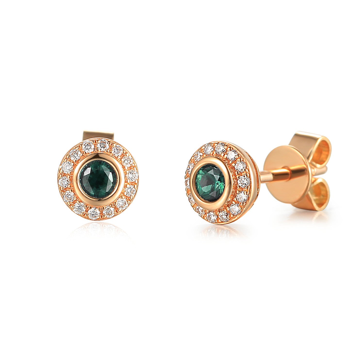 18k Rose Gold Emerald Rubover Halo Stud Earrings - The Real Gem