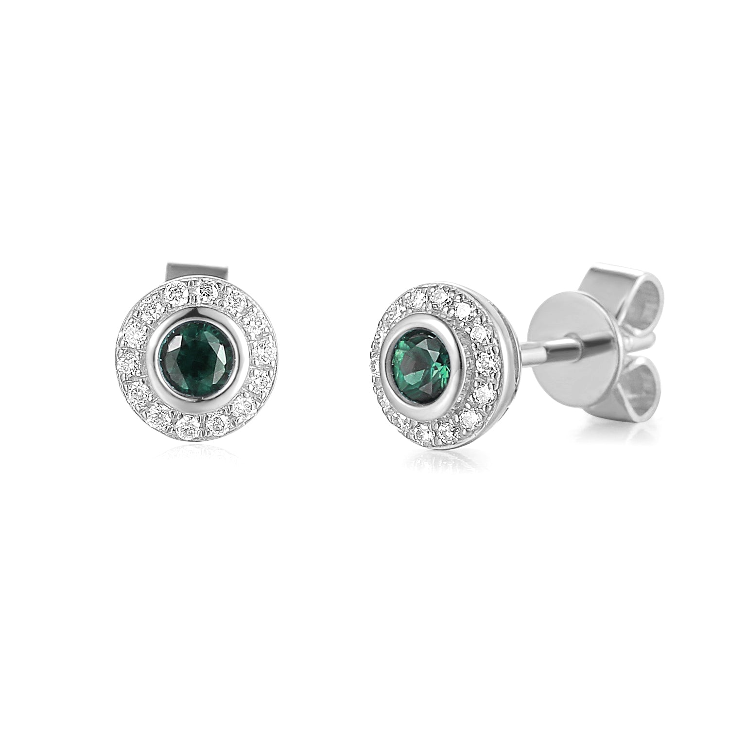 18k White Gold Emerald Rubover Halo Stud Earrings - The Real Gem