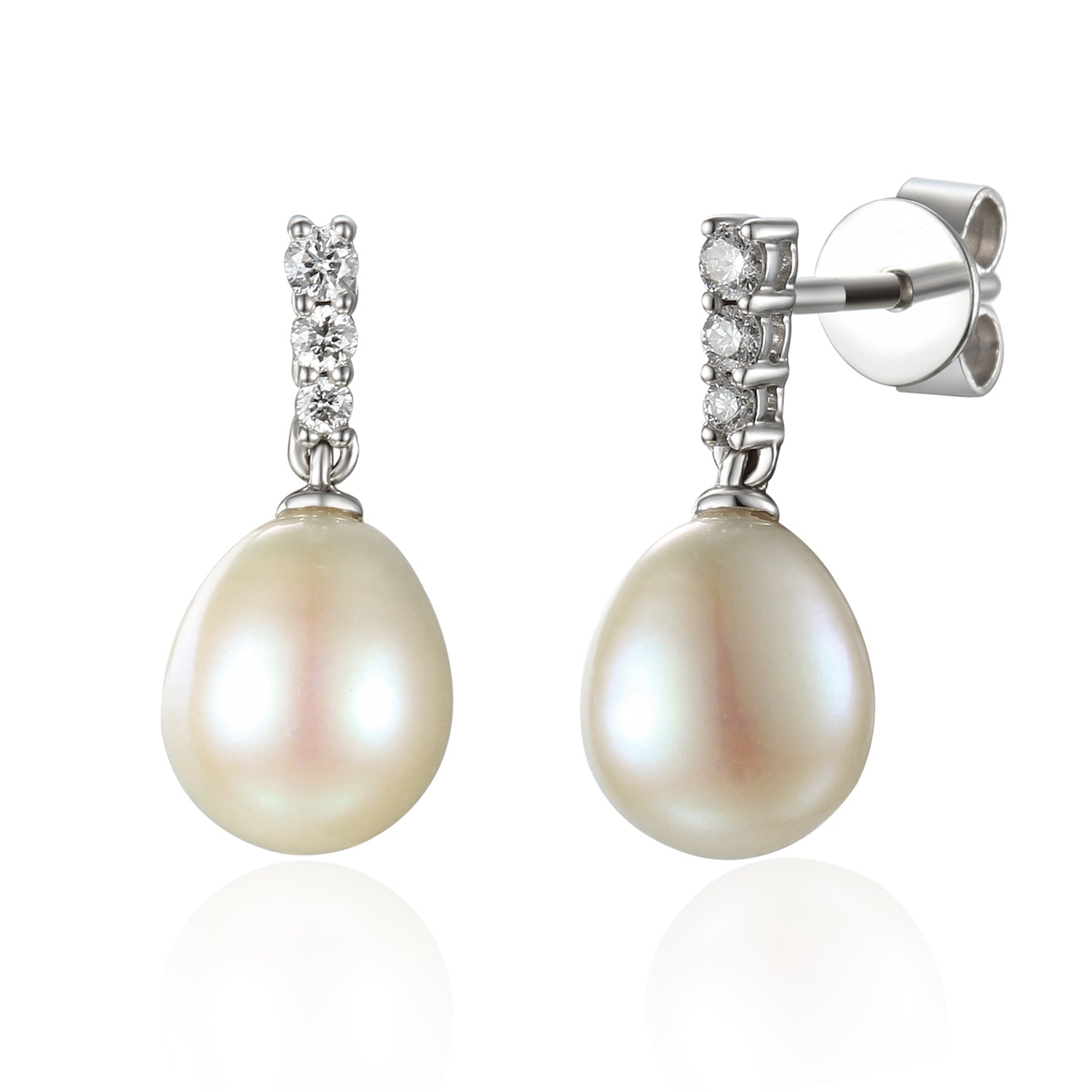 18k White Gold Diamond & Pearl Drop Earrings - The Real Gem