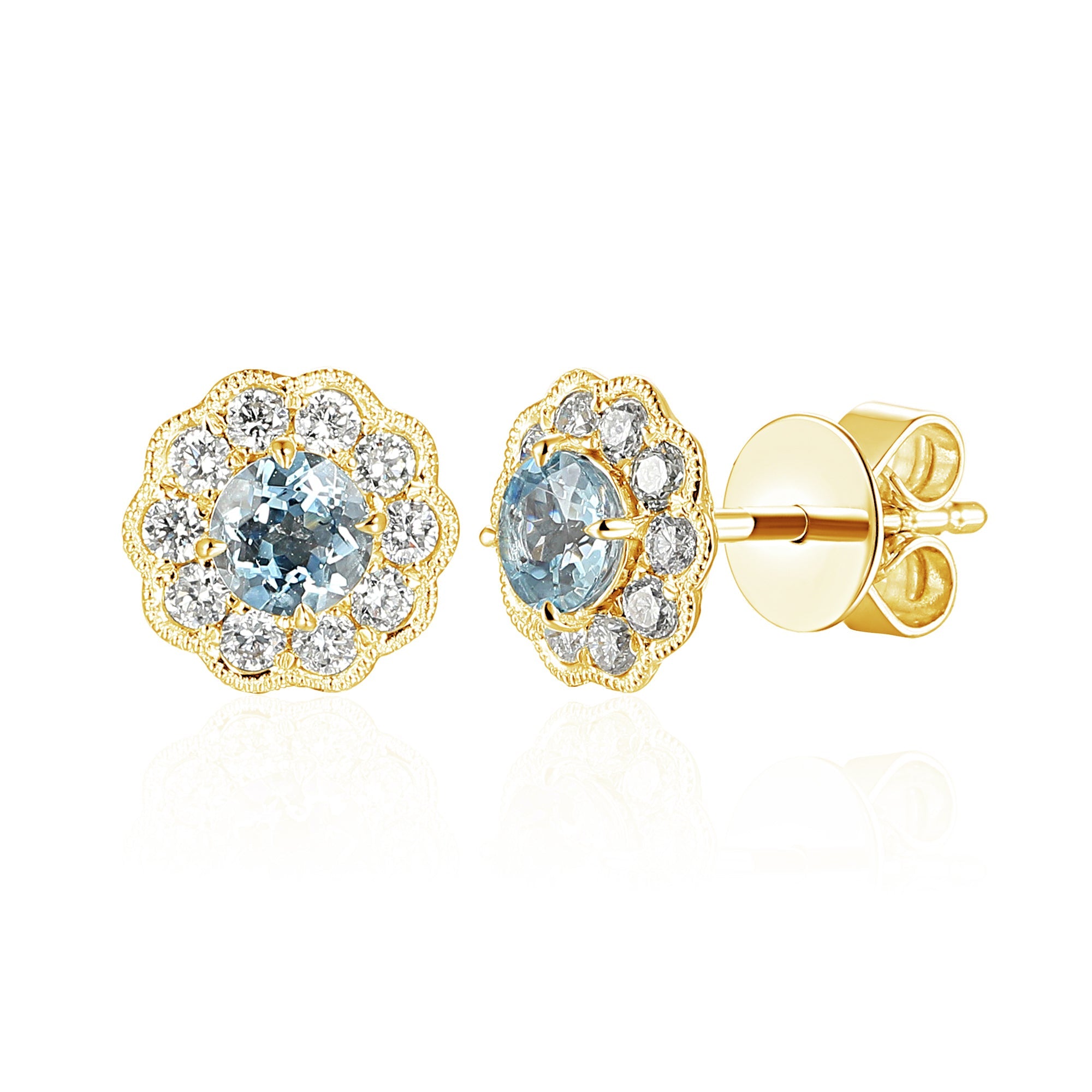 18k Yellow Gold Aquamarine Milgrain Flower Halo Stud Earrings - The Real Gem