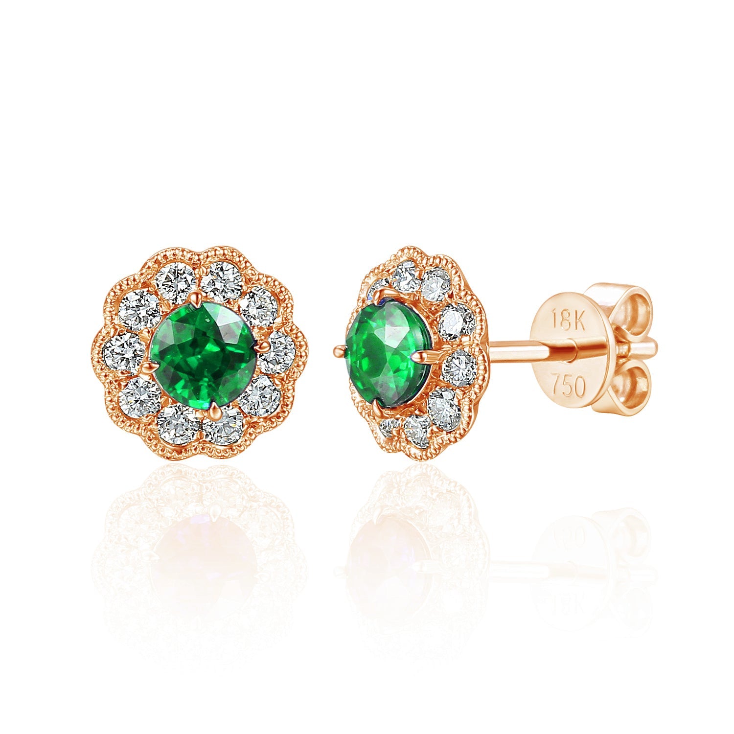 18k Rose Gold Emerald Milgrain Flower Halo Stud Earrings - The Real Gem