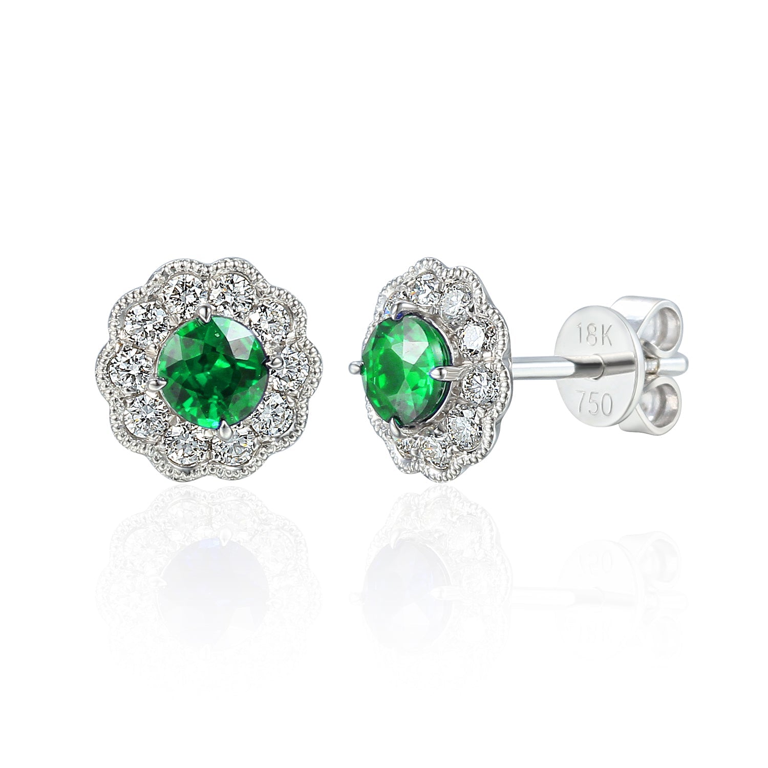 18k White Gold Emerald Milgrain Flower Halo Stud Earrings - The Real Gem