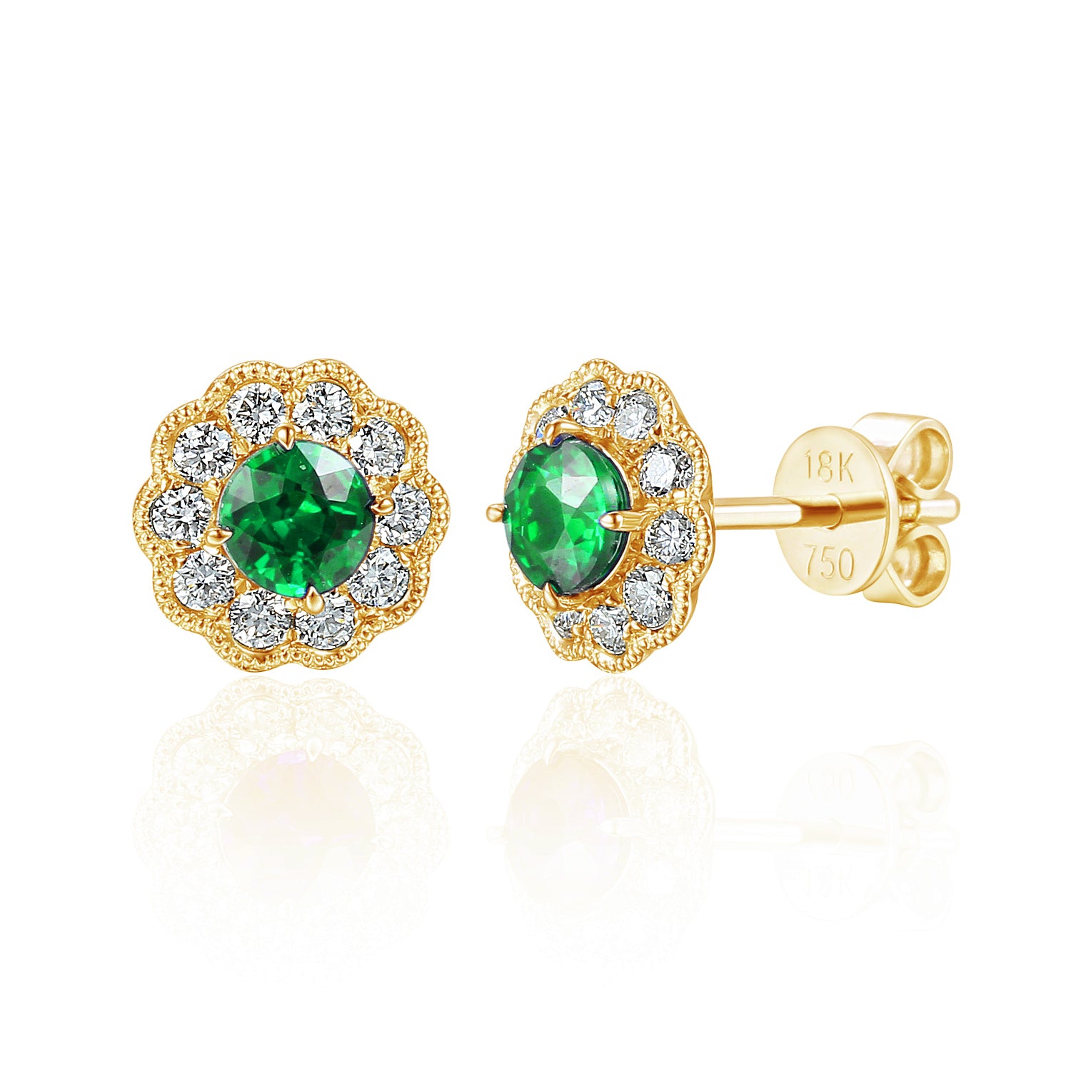 Emerald 4mm & Diamond 0.36ct Milgrain Flower Halo Stud Earrings