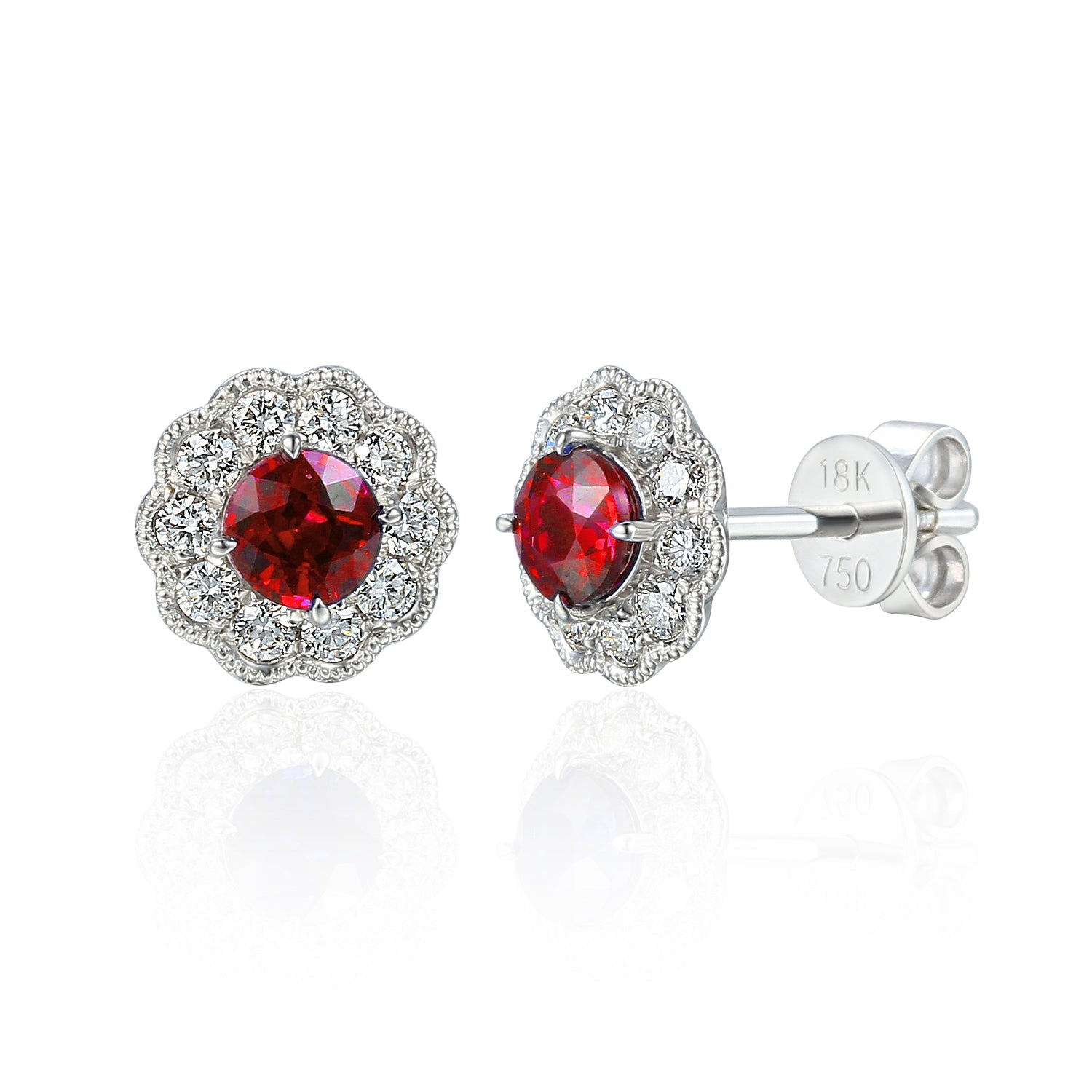 18k White Gold Ruby Milgrain Flower Halo Stud Earrings - The Real Gem