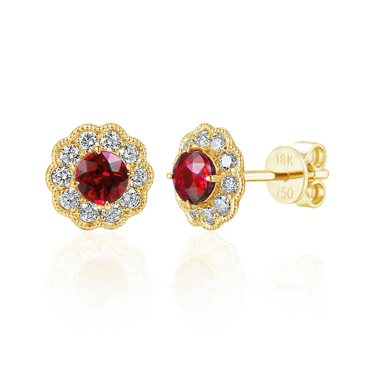 18k Yellow Gold Ruby Milgrain Flower Halo Stud Earrings - The Real Gem
