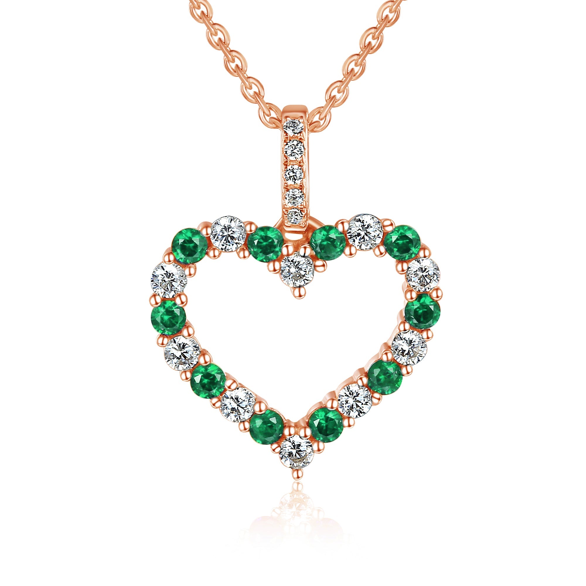 18k Rose Gold Emerald And Diamond 0.26ct Heart Pendant Necklace - The Real Gem